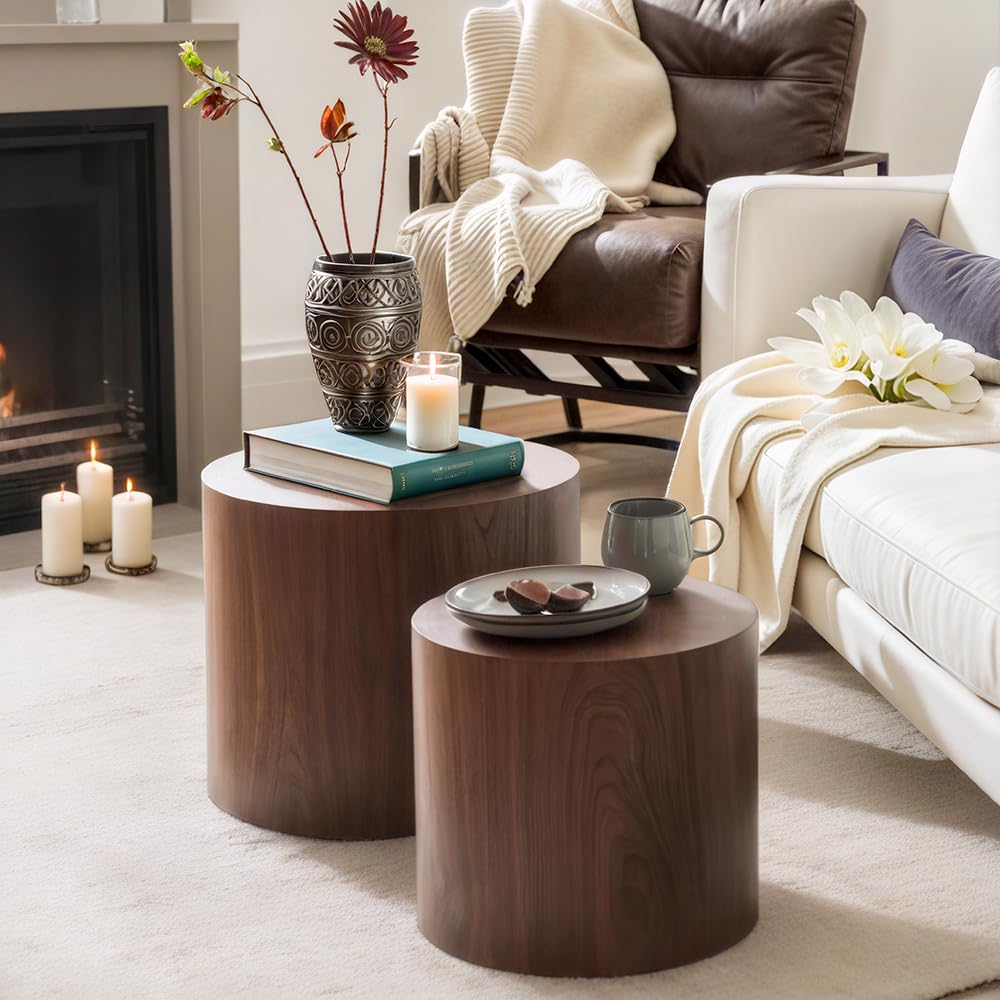 Modern Round Nesting Coffee Table Set of 2 - Walnut Wooden Circle Accent Tables with Non-Slip Feet for Living Room, Bedroom, Office - Space-Saving Drum Side Tables for Small Spaces & Balcony Decor
