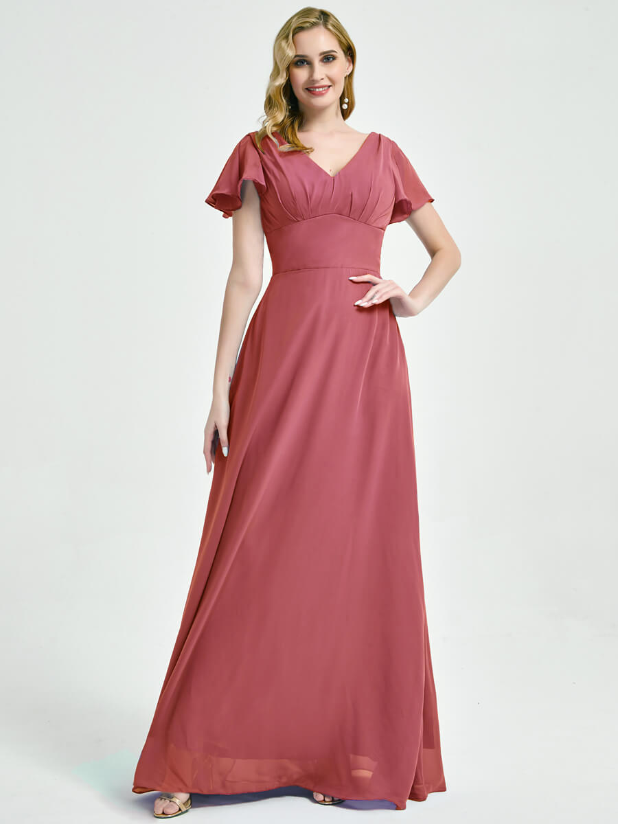 Elegant Desert Rose Ruffle Sleeve Backless Maxi Chiffon Bridesmaid Dress for Wedding, Formal Events & Special Occasions