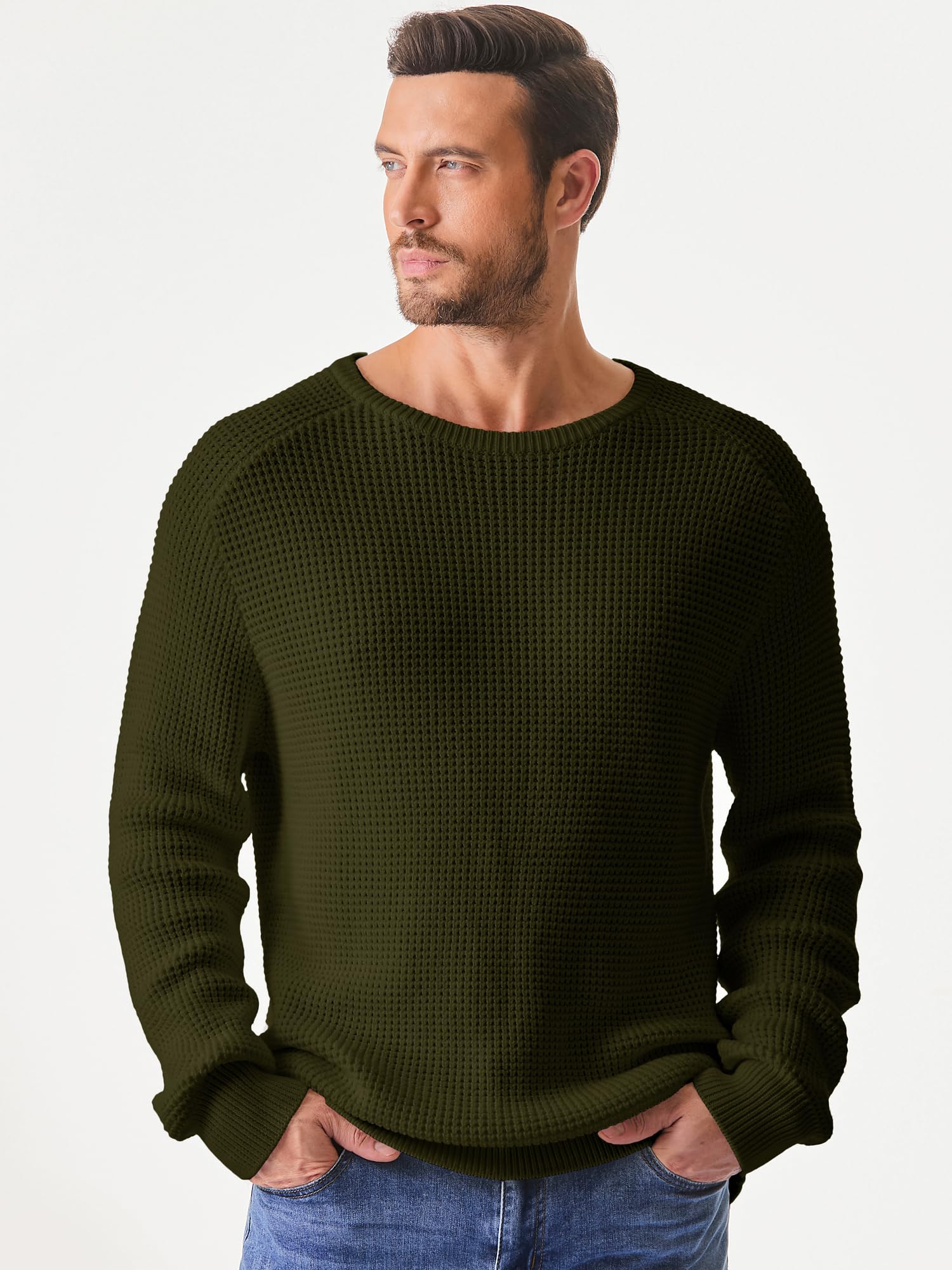 JMIERR Men's Waffle Knit Crewneck Pullover Sweater - Casual Loose Fit Ribbed Edge Textured Knit Sweater for Fall Winter Fashion, Outdoor Activities & Office Wear