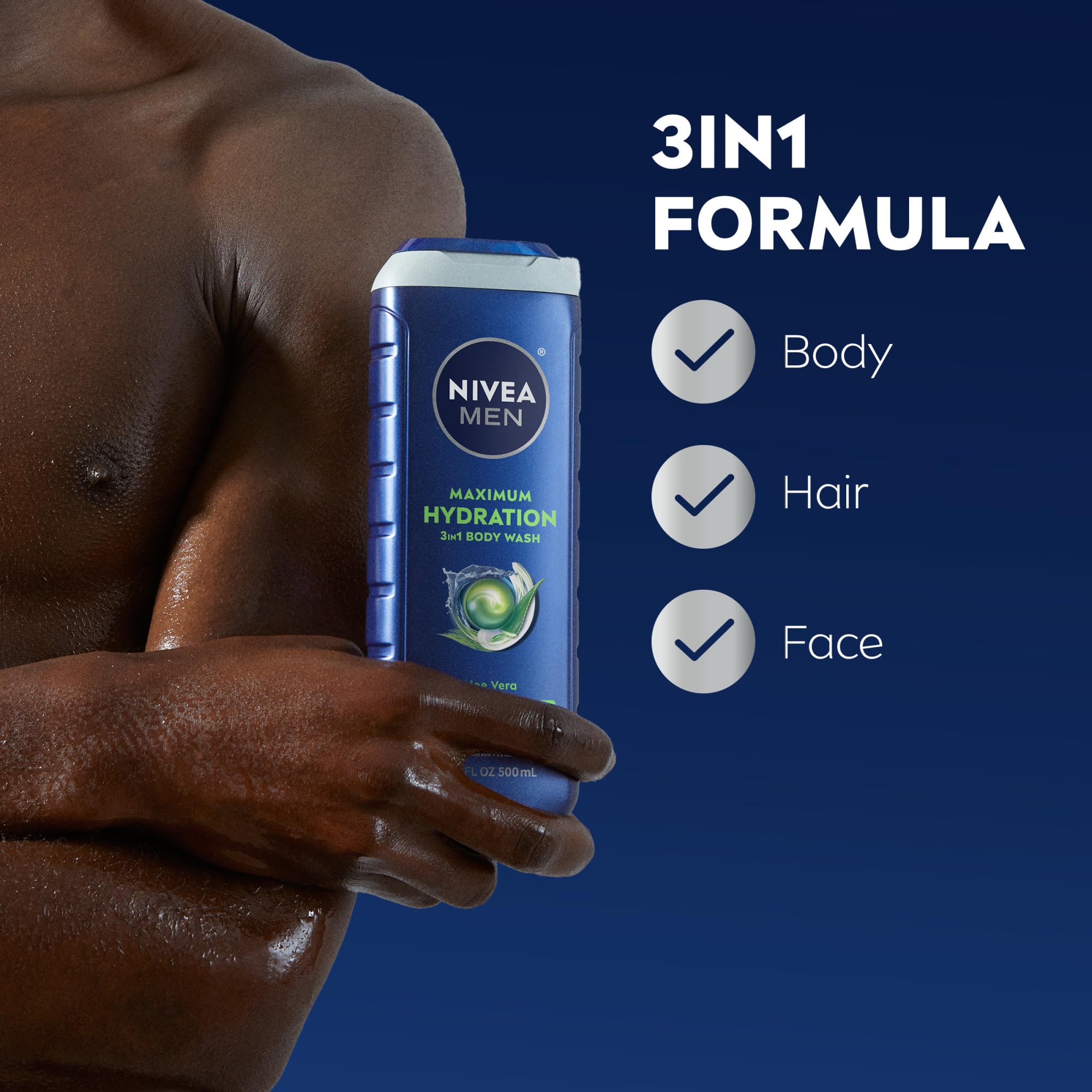 NIVEA MEN Maximum Hydration 3-in-1 Body Wash for Dry Skin with Aloe Vera - Face, Hair & Body Moisturizer - Paraben Free & Vegan Formula - 16.9 Fl Oz (Pack of 3) - Ideal for Gym, Travel & Daily Shower Routine