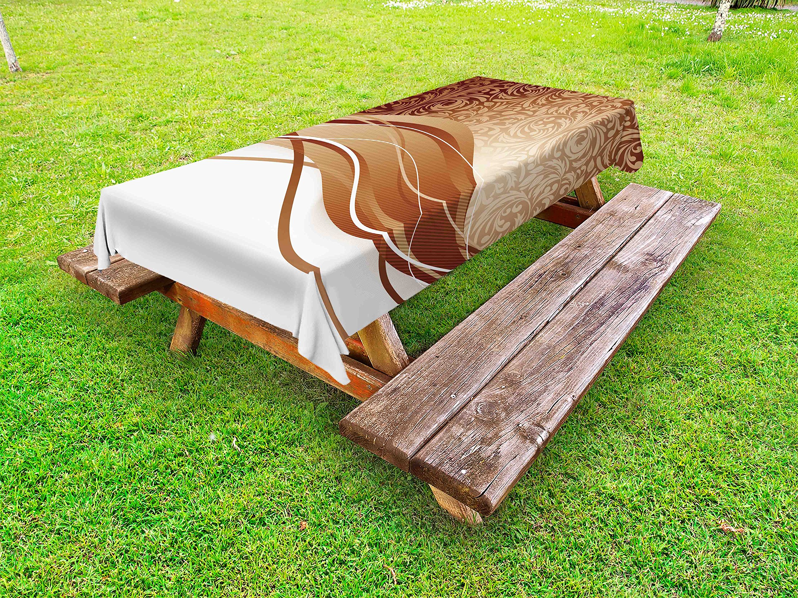 Ambesonne Chocolate Brown Outdoor Tablecloth - Medieval Foliage Motif with Curved Stripes - 58