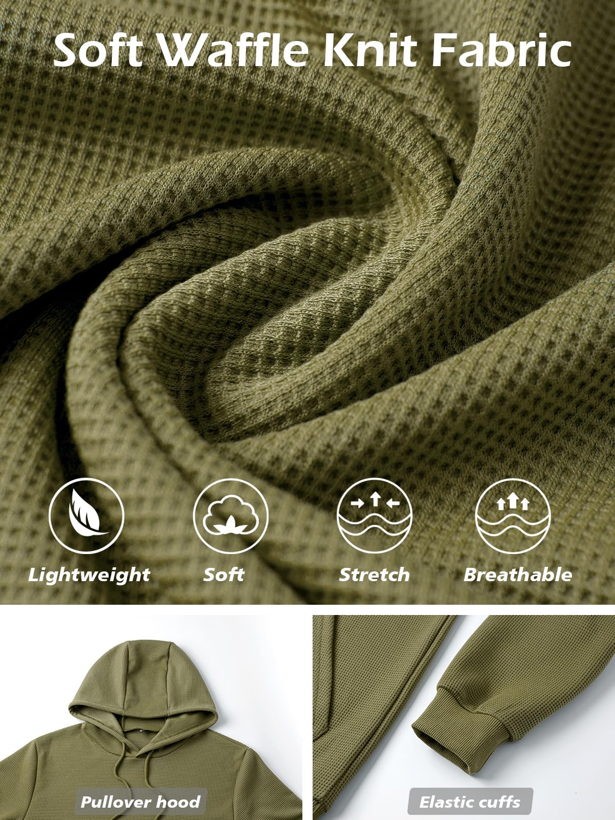 MANSDOUR Men's Casual Long Sleeve Waffle Knit Hoodie with Drawstring & Pocket - Warm Pullover Sweatshirt for Outdoor Activities, Streetwear & Lounge Wear