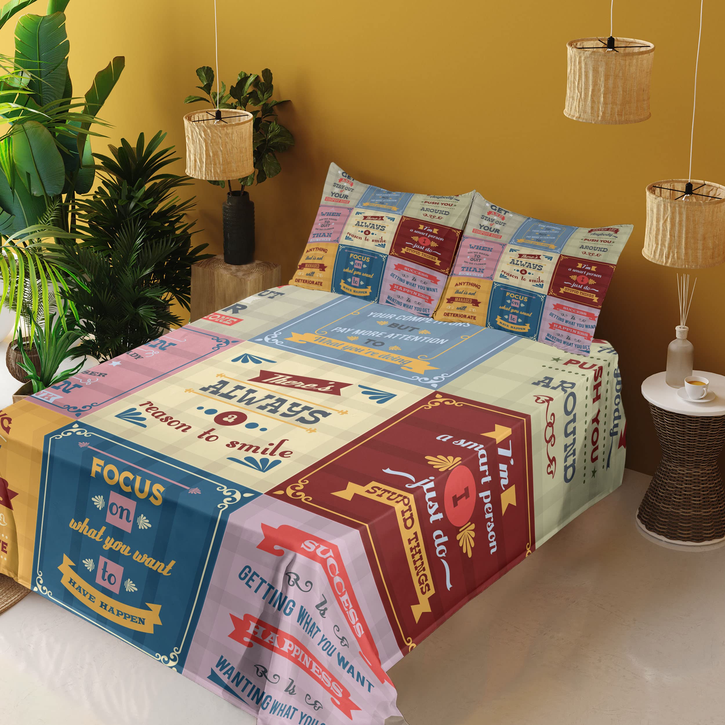 Ambesonne Motivational Words Sheet Set - 'Success with Positive Attitude' Themed 4-Piece Bedding Set (King Size) in Yellow & Pink | Perfect for Home Decor, Guest Rooms & Positive Vibes Bedroom