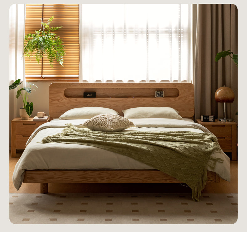 Solid Oak Wood Suspension Luminous Bed - Modern Floating Platform Bed with LED Lighting for Bedroom, Guest Room, or Dorm