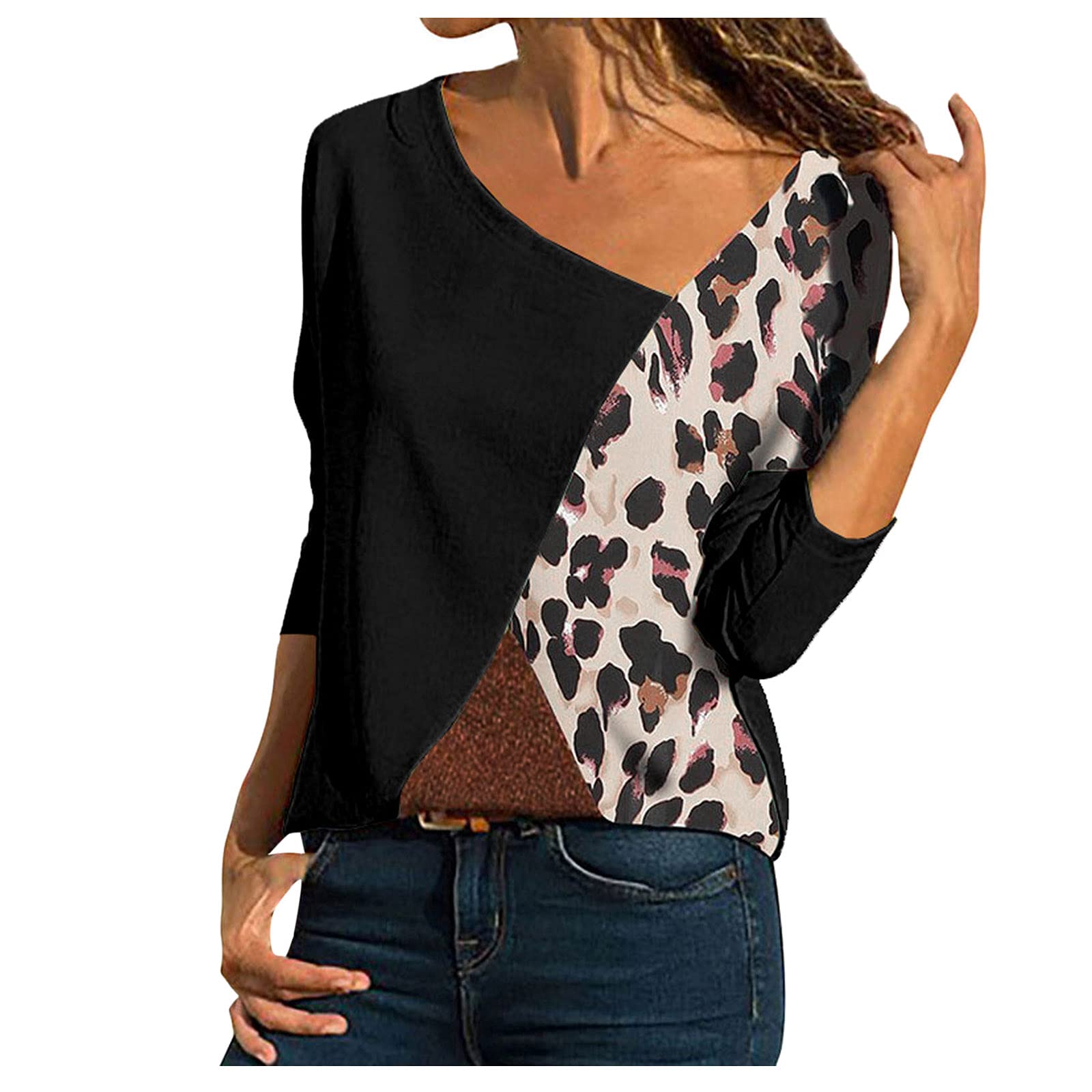 Women's Mock Neck Long Sleeve Blouse - Leopard Print Contrast White Shirt with Black Sleeves | Fashionable V-Neck Top for Work, Party & Casual Outfits