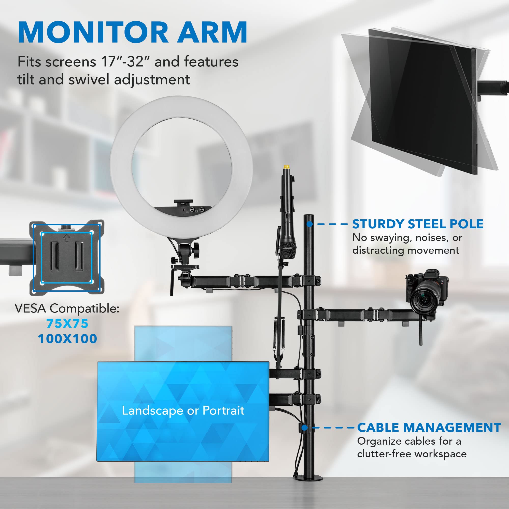 Mount-It! All-in-One Live Streaming Kit - 4 Arm Desk Mount for Monitor, Webcam & Ring Light with Microphone Stand - Perfect YouTube & Facebook Recording Setup for Gamers, Podcasters & Content Creators
