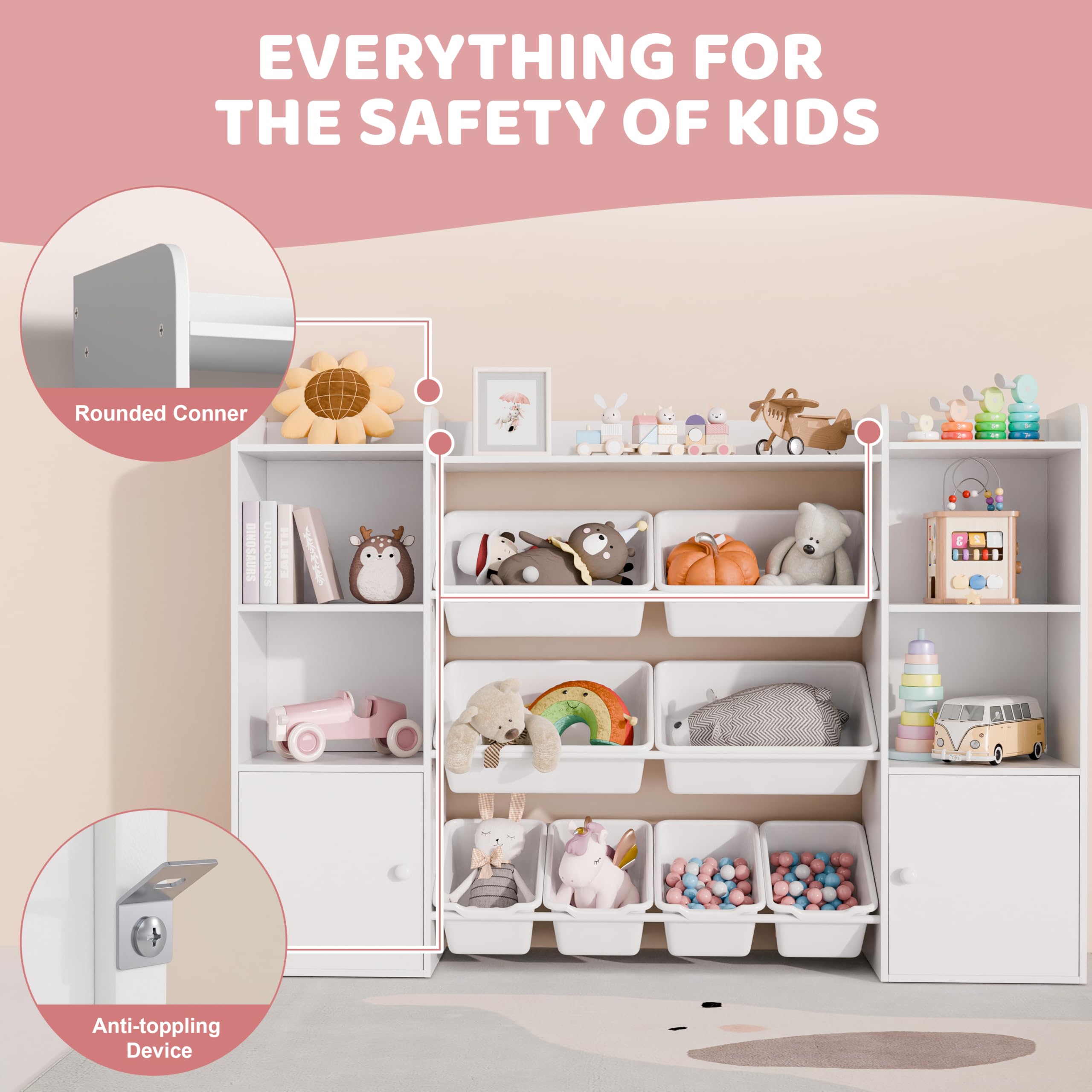 Xilingol Kids Toy Storage Organizer with 8 Removable Bins & 6 Storage Cubbies - 4-Tier Bookshelf for Playroom, Bedroom, Classroom - Perfect for Organizing Toys, Books, and Supplies