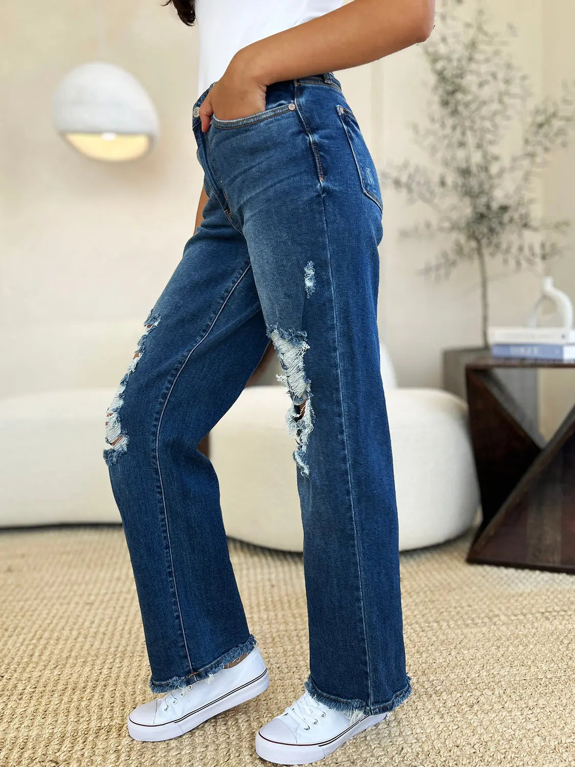 Judy Blue Women's Mid Rise Distressed Raw Hem Jeans - Comfortable Stretch Denim for Casual Wear & Everyday Outfits