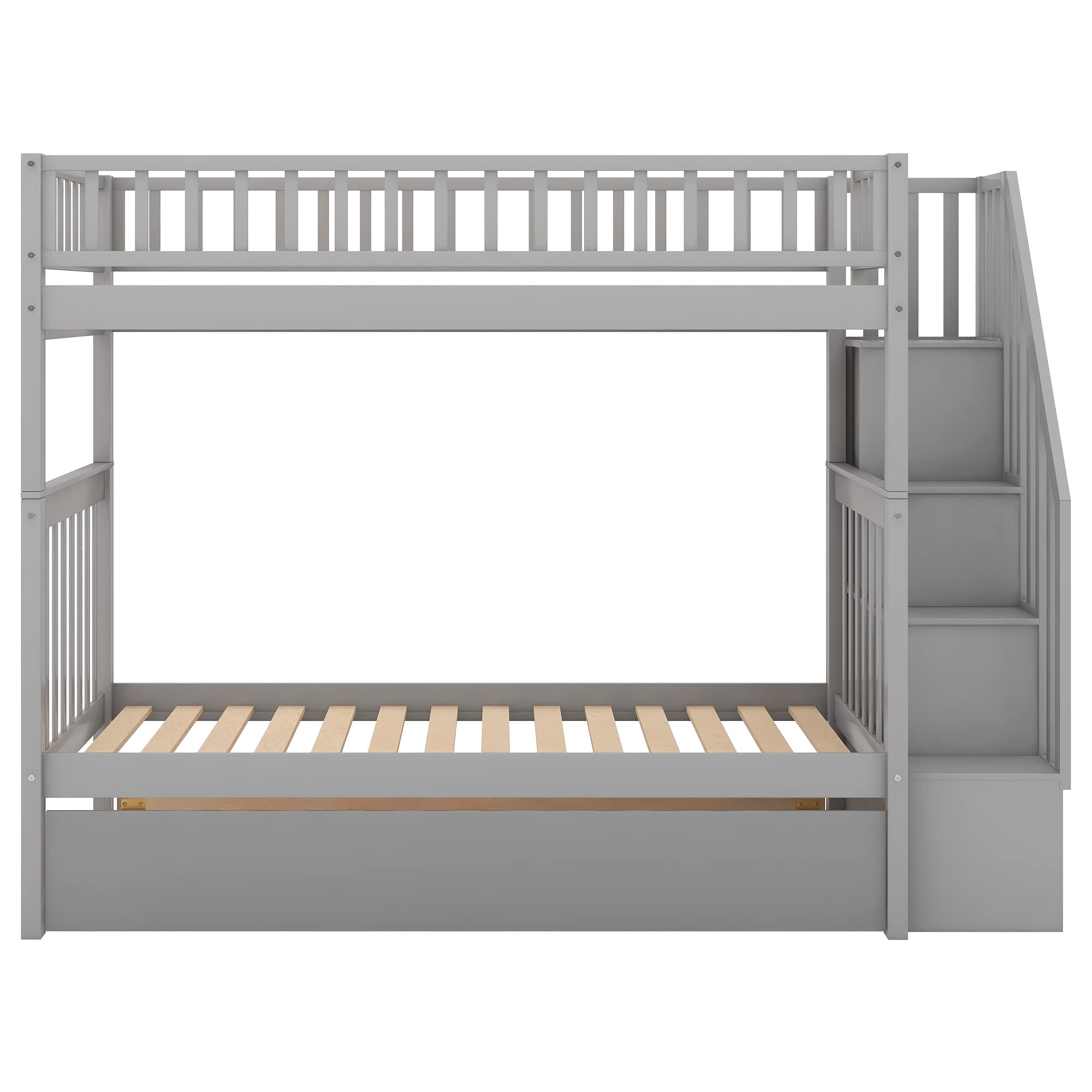 Harper & Bright Designs Twin Over Twin Solid Wood Bunk Bed with Trundle & Stairs - Space-Saving Kids, Teens & Adult Bedroom Furniture (Grey) - Perfect for Small Rooms, Guest Rooms & Shared Kids' Bedrooms