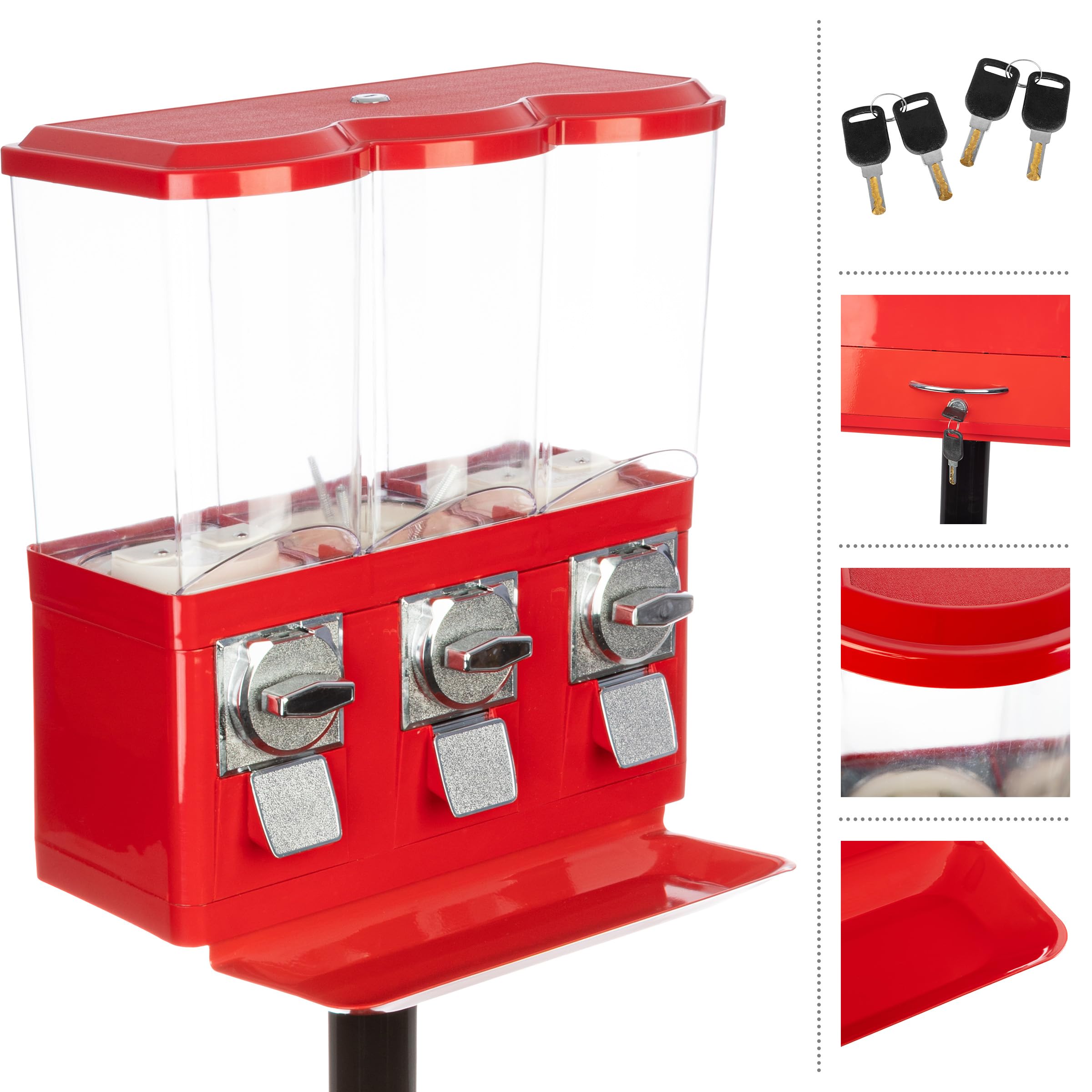 Great Northern Popcorn Triple Candy Vending Machine - Commercial Gumball, Capsule & Candy Dispenser for Business (Red) - Perfect for Retail Stores, Arcades & Party Events