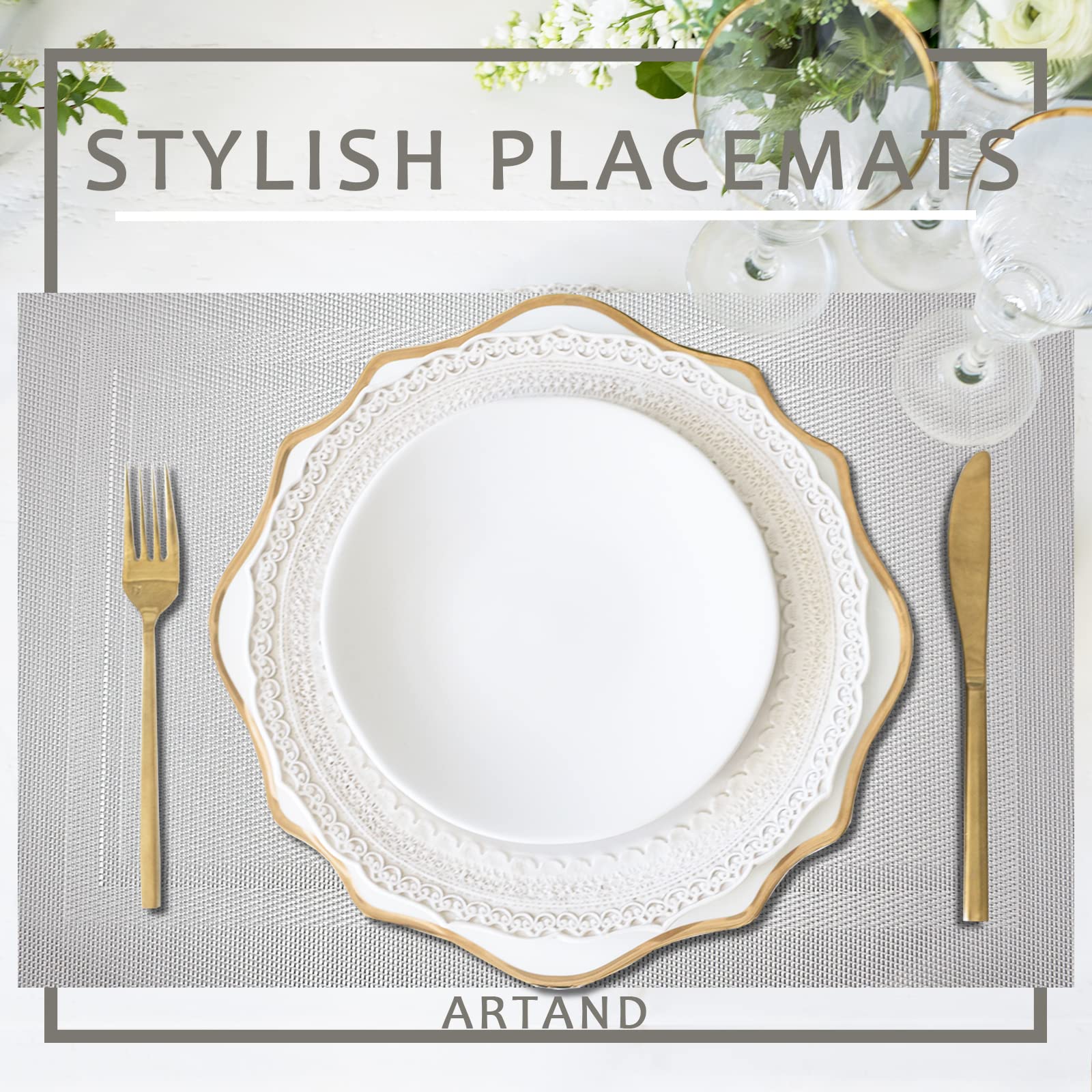 6-Pack Woven Boho Placemats for Dining Table - Waterproof Vinyl Table Mats with Silver Frames for Indoor & Outdoor Use - Perfect for Patio, Picnic, and Everyday Dining Decor