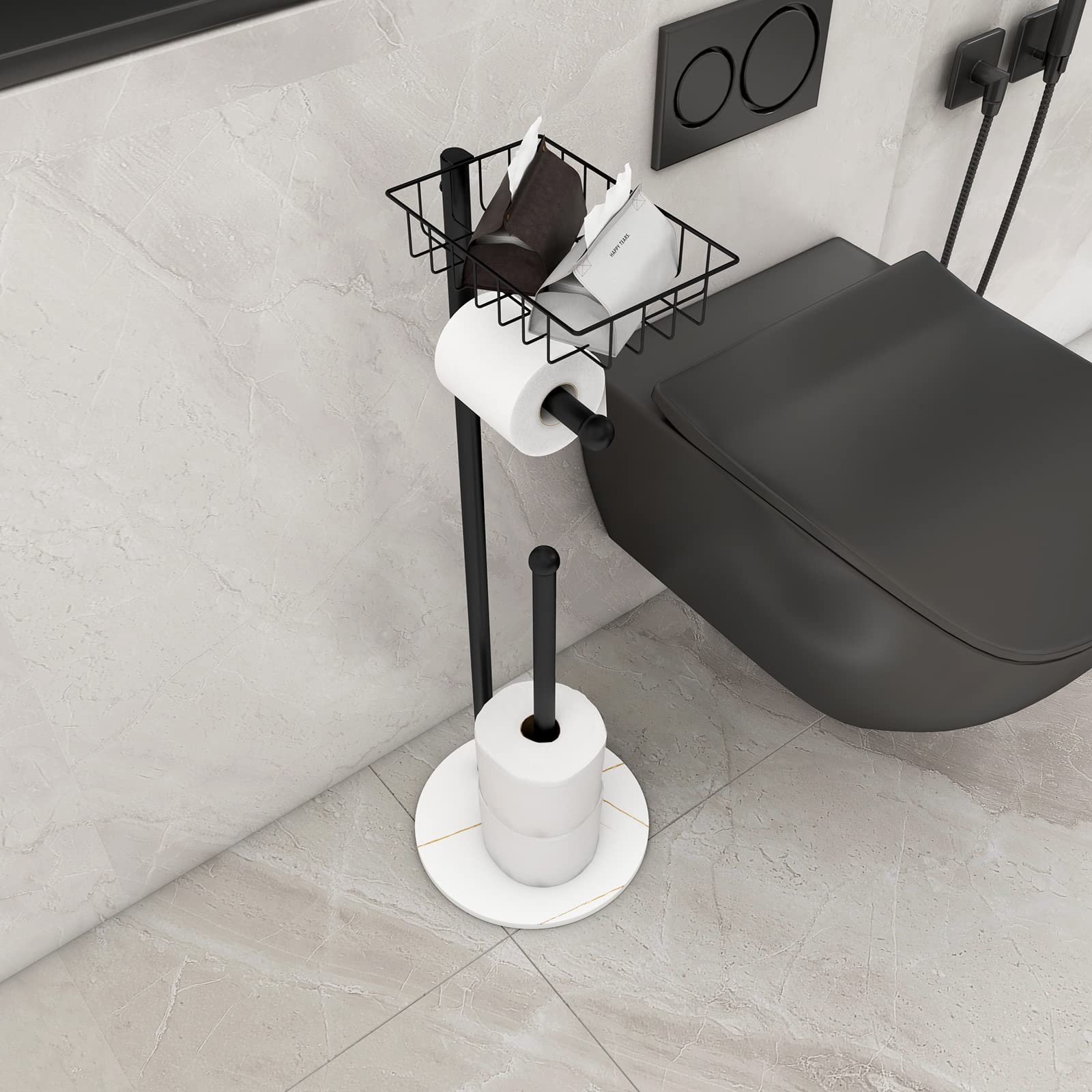 Free Standing Toilet Paper Holder Stand with Shelf - Modern Heavyweight Marble Base Bathroom Tissue Holder for Jumbo Rolls, Black - Perfect for Home, Office, and Guest Bathrooms