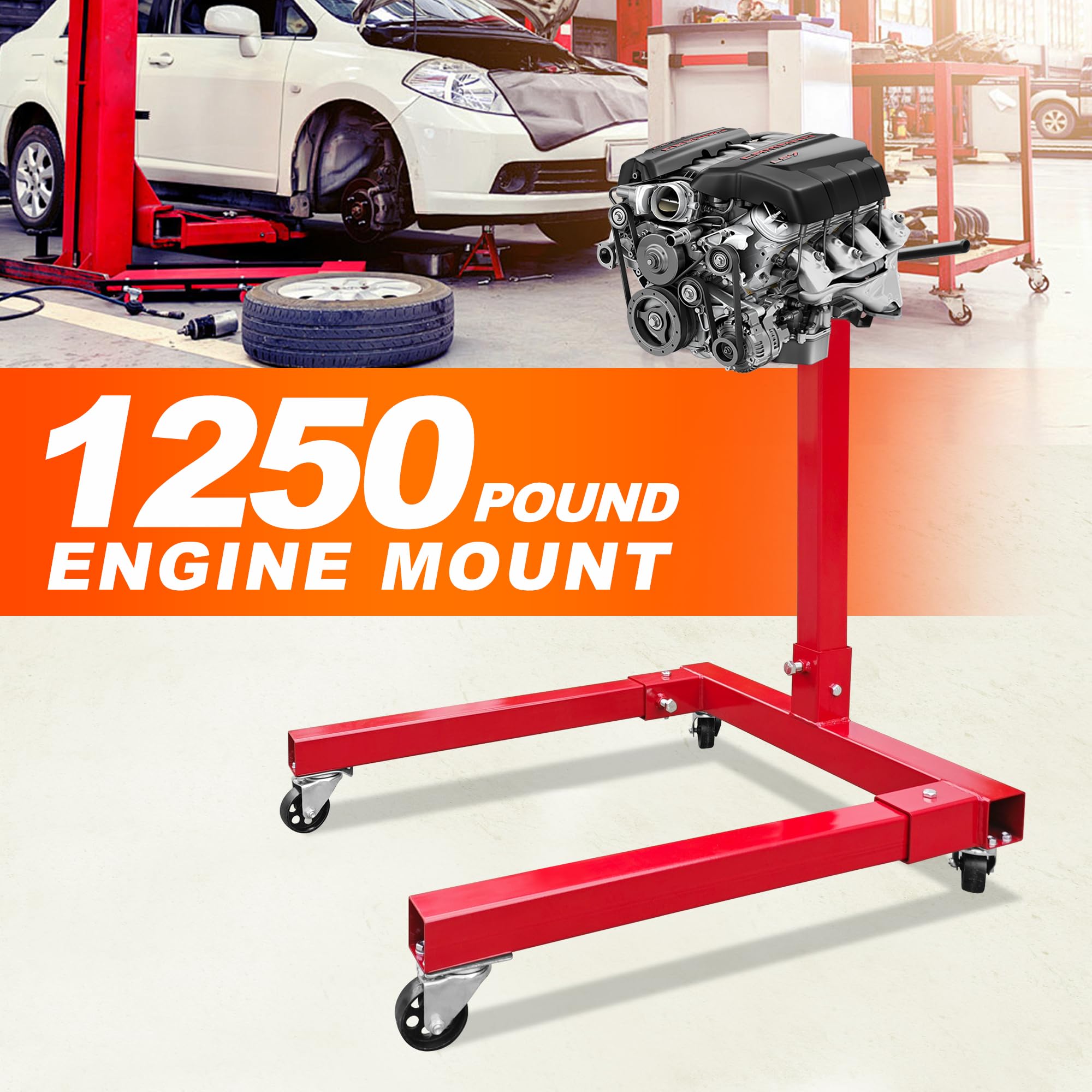 1250LBS Heavy Duty Engine Stand - 360 Degree Rotating Motorcycle & Auto Repair Stand with 4 Casters for Vehicle Maintenance | Perfect for Garage Workshops, DIY Mechanics & Professional Auto Shops (Red)