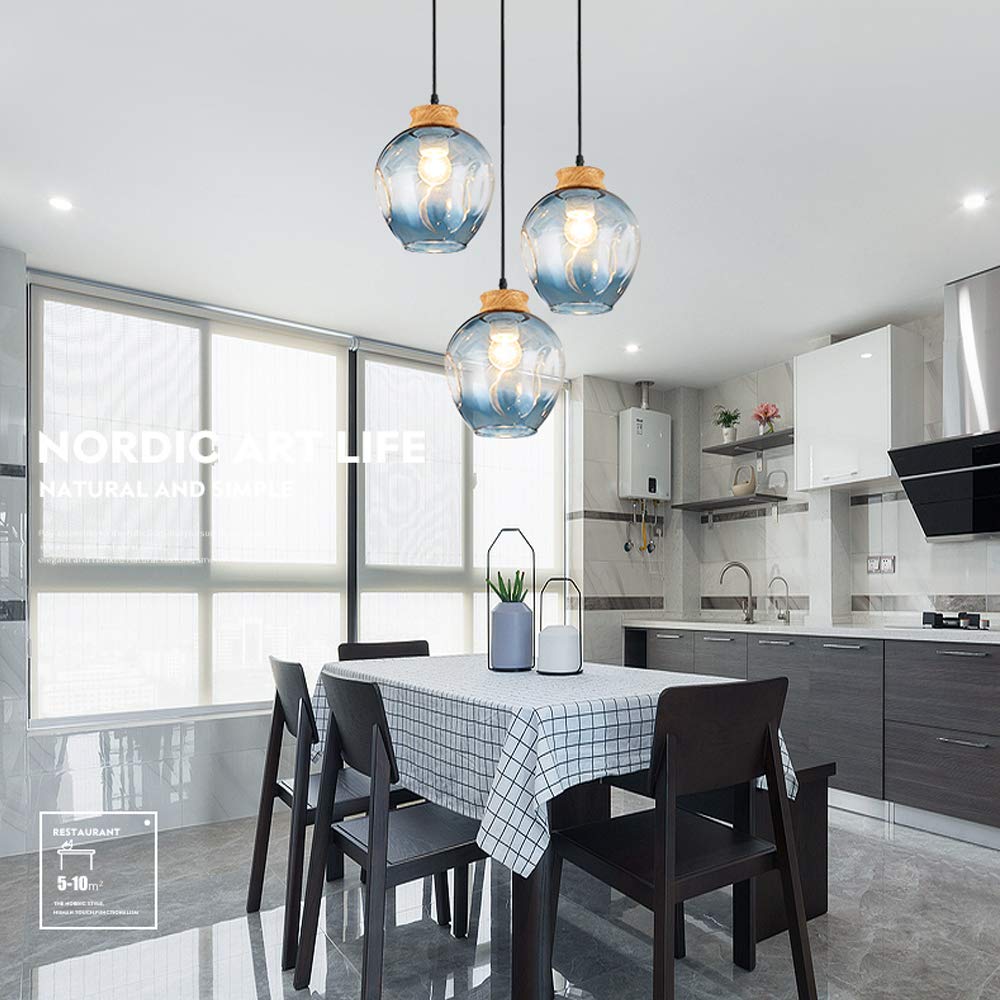 3-Light Ceiling Lamp Set - Nordic Blue Glass Lampshade for H-Type Track Lighting | 2.5ft Cord, Loft Style Minimalist Retro Pendant Light (Bulbs Not Included) | Perfect for Living Room, Dining Area & Bedroom Lighting