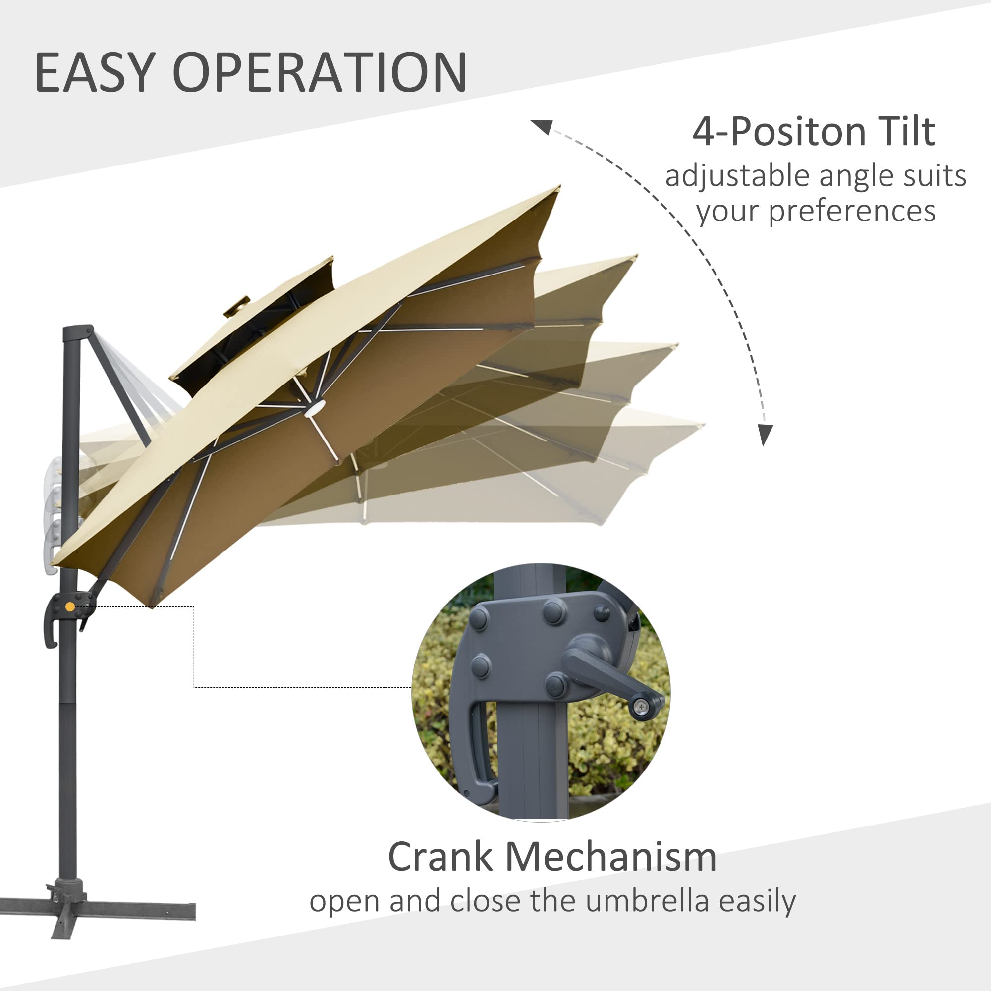 Outsunny 10FT Cantilever Patio Umbrella with Solar LED Lights & Power Bank, Double Top Outdoor Offset Umbrella - 360° Rotation, Tilt, Crank & Cross Base - Perfect for Garden, Poolside, Backyard, and Outdoor Dining Areas