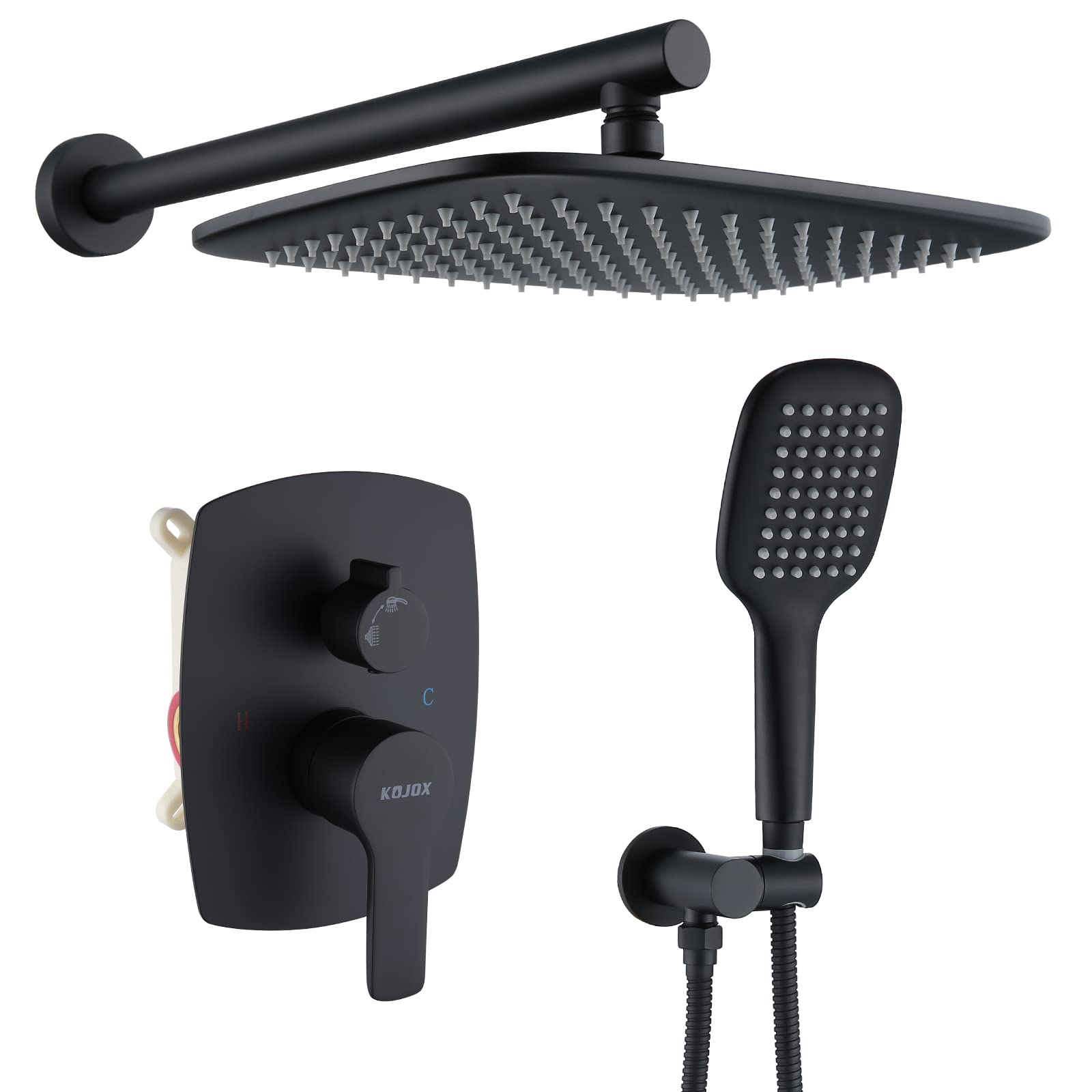 KOJOX Oval Shower Faucet with High Pressure Handheld Shower Head - Matte Black Bathroom Shower System with Curved Corners Design - Includes Valve for Easy Installation - Perfect for Modern Home & Spa Experience