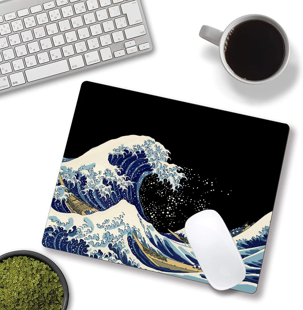 Japanese Sea Wave Design Washable Non-Slip Mouse Pad - Square Cloth Gaming & Office Mousepad for Laptop & Wireless Mouse - Perfect for Work, Gaming & Home Office Desks
