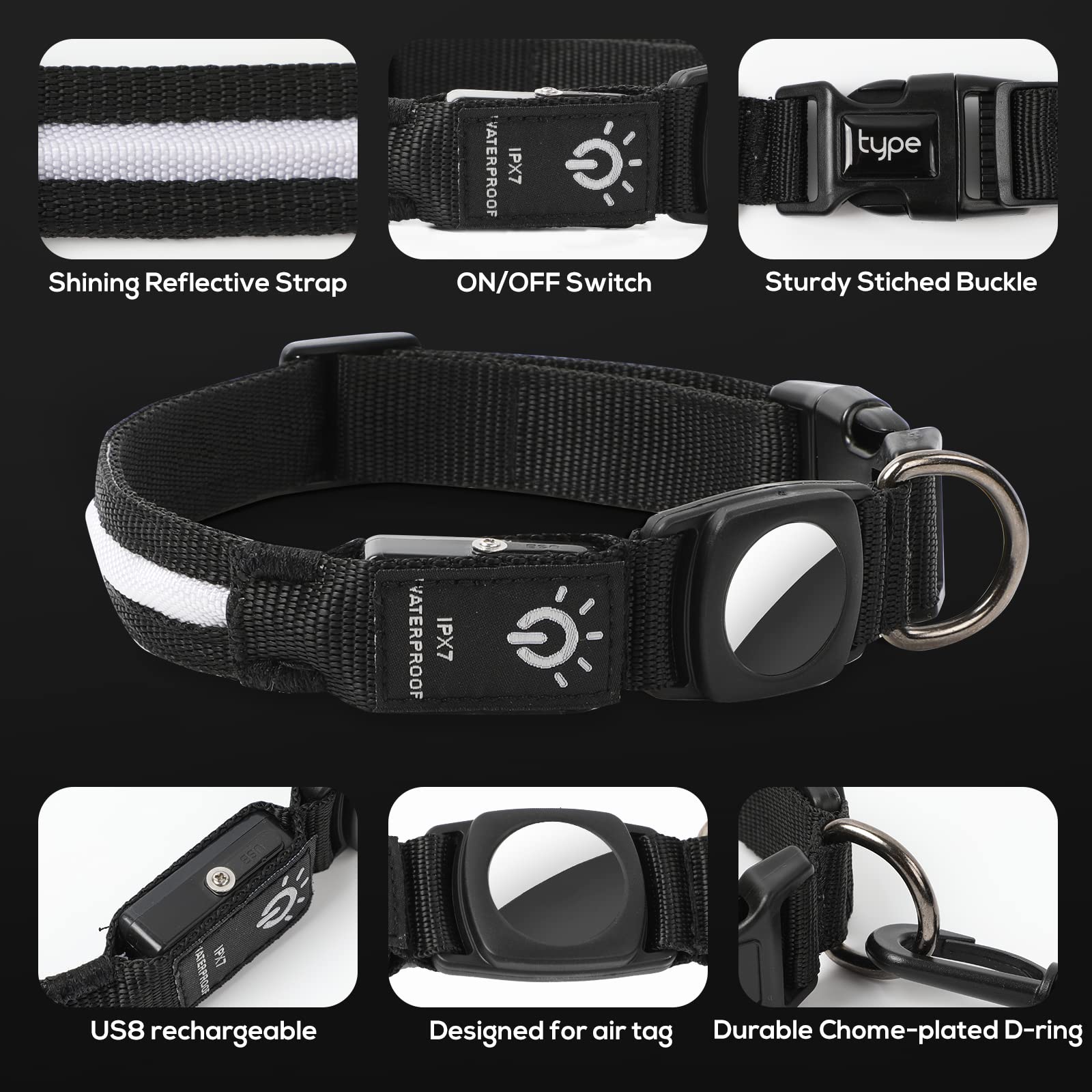 LED AirTag Dog Collar with Light - IPX7 Waterproof Rechargeable Light Up Collar with Apple AirTag Holder for Small Medium Large Dogs | Perfect for Night Walks, Pet Safety & Tracking