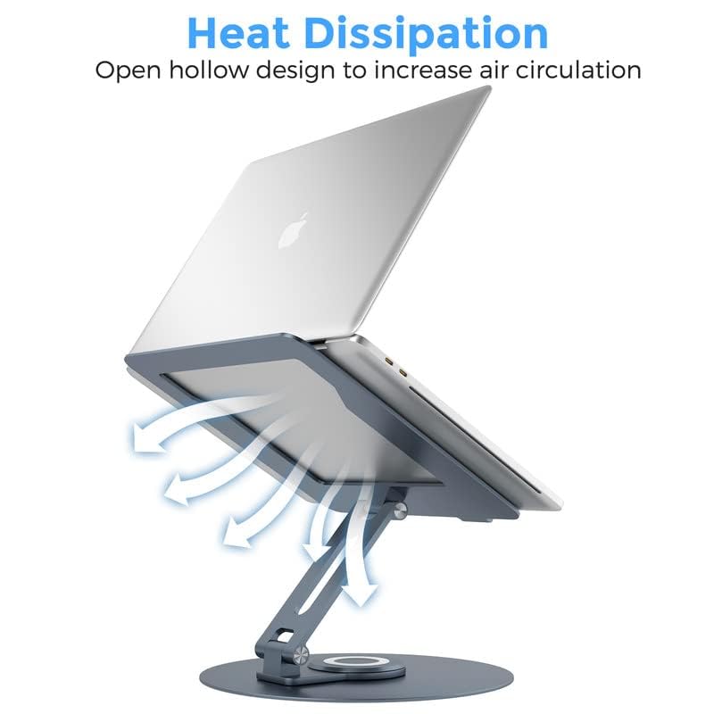 Swivel Laptop Stand for Desk - Adjustable Height, 360° Rotating Base, Foldable Ergonomic Riser, Portable Laptop Holder for MacBook & All 10-17'' Laptops, Grey - Perfect for Home Office, Gaming & Study