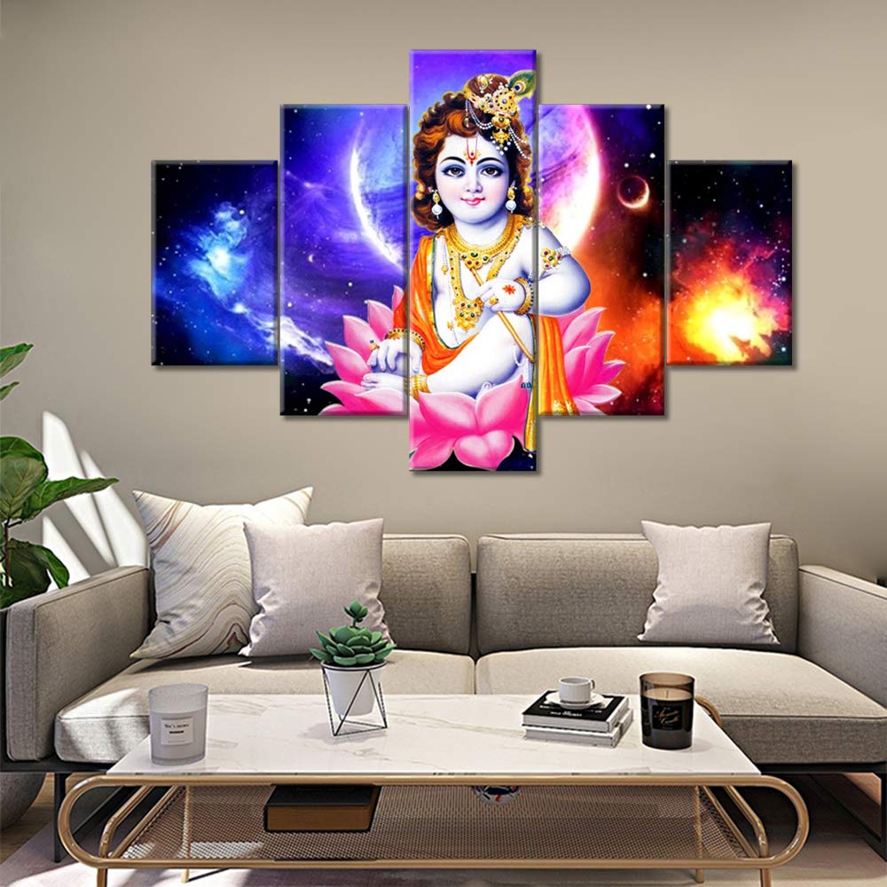 TUMOVO Indian Home Decor - Lord Krishna Wall Paintings Hindu Wall Art Set of 5 Framed Canvas Prints (60