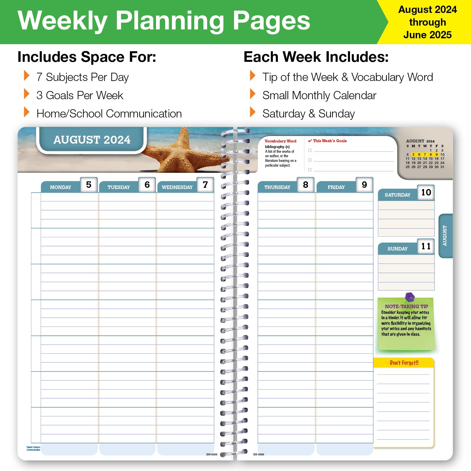 2024-2025 Academic Year Planner for Middle & High School Students - Dated Weekly/Monthly Organizer with Ruler, Bookmark & Stickers (5.5