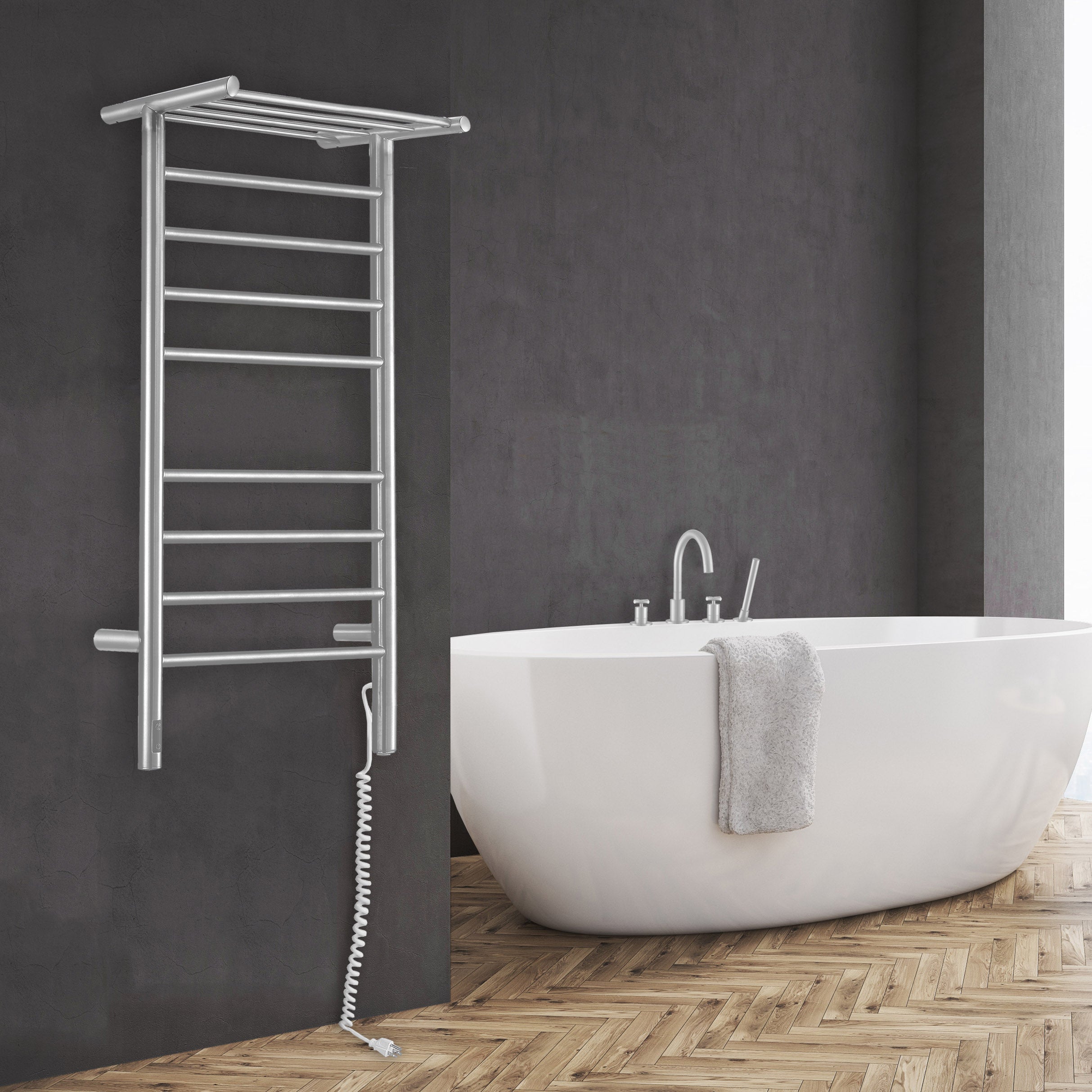 Piazzo OBT 8 Bar Dual Wall Mount Towel Warmer with Timer - Brushed Stainless Steel Bathroom Heater for Spa, Gym & Luxury Home Use