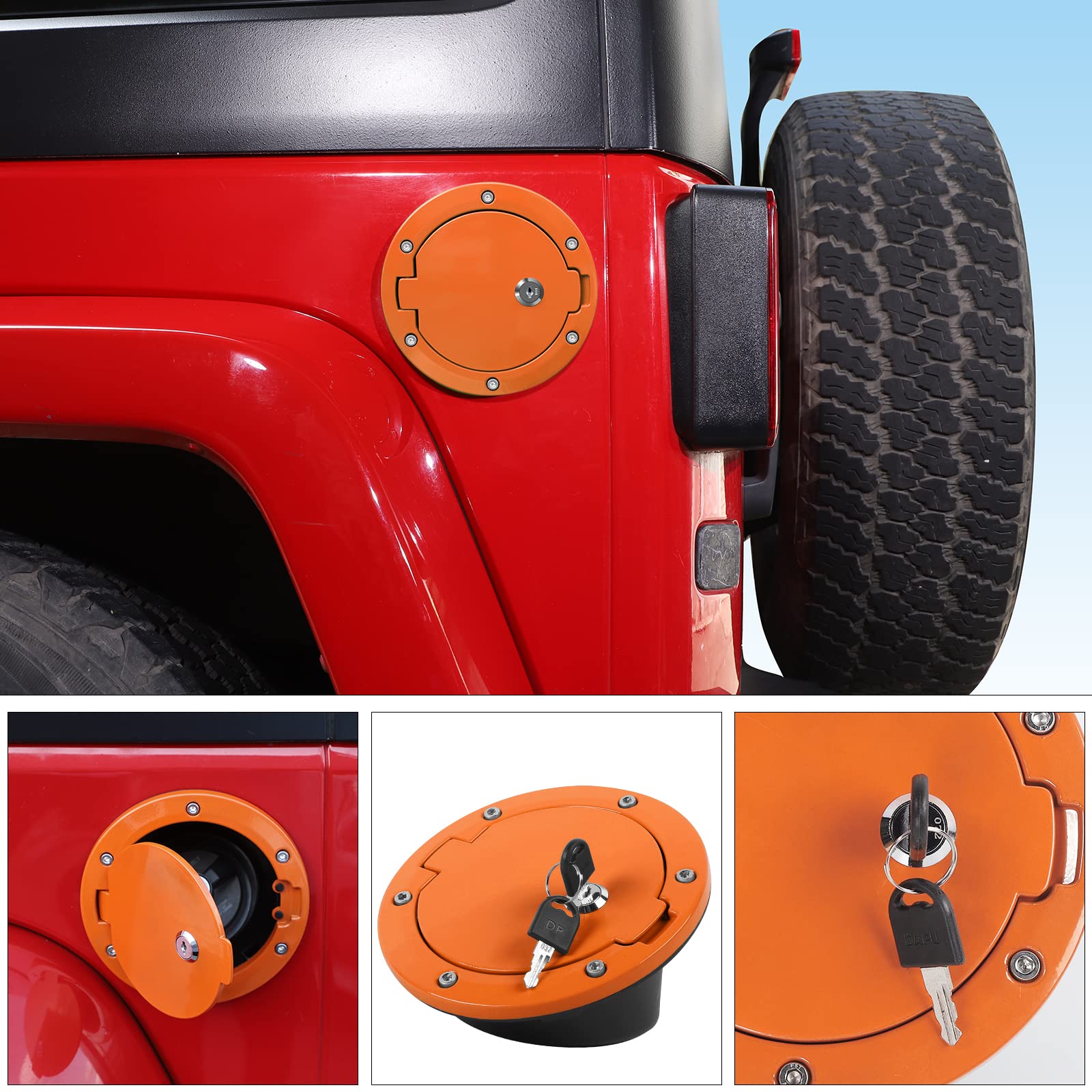 JeCar Fuel Filler Door Locking Gas Cap Cover - Orange Exterior Accessory for 2007-2018 Jeep Wrangler JK & Unlimited Models | Secure Gas Tank Protection for Off-Road Adventures & Parking Safety