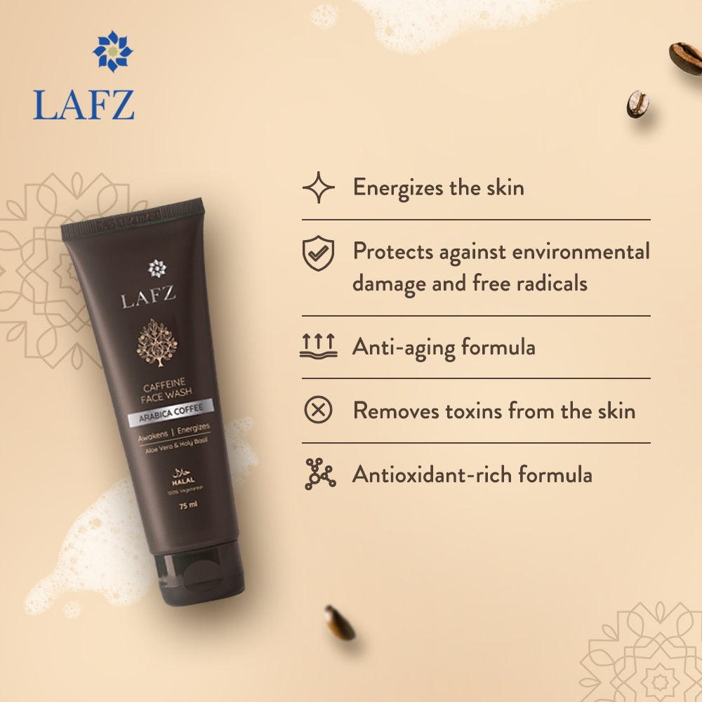 Lafz Caffeine Face Wash Tube 75ml - Brightening & Anti-Aging Facial Cleanser for Men & Women - Perfect for Morning Skincare Routine & Travel Size