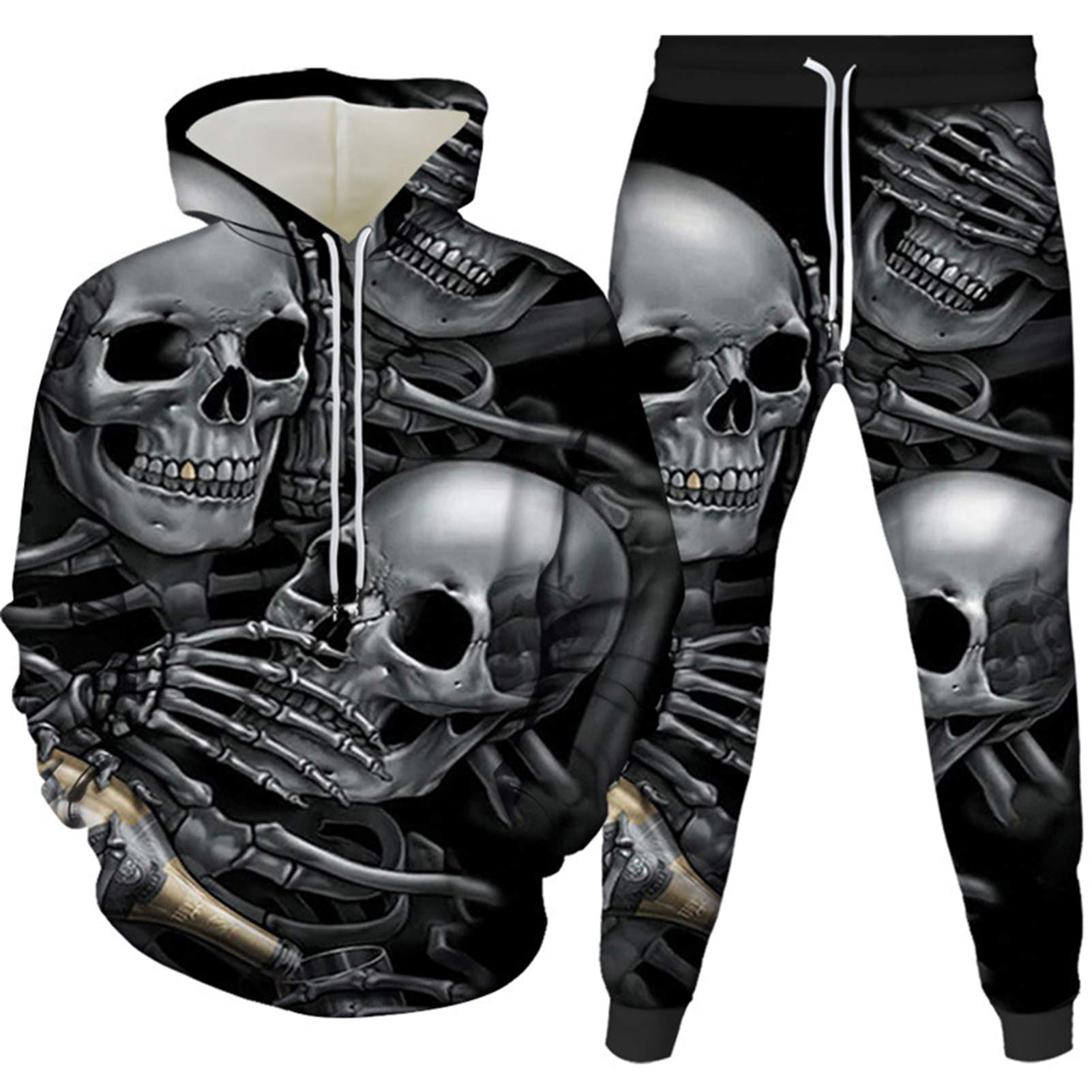 Honeystore Unisex Skeleton Print Hoodie and Sweatpants Jogger Set - Skull Design Casual Outfit for Gym, Streetwear & Halloween Costume