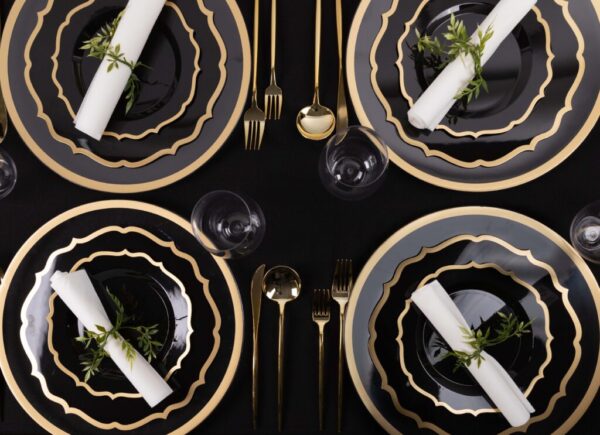 32-Piece Black and Gold Round Plastic Dinnerware Set - Elegant Disposable Plates, Cups, Forks, Knives & Spoons for 16 Guests - Perfect for Parties, Weddings, BBQs & Outdoor Events