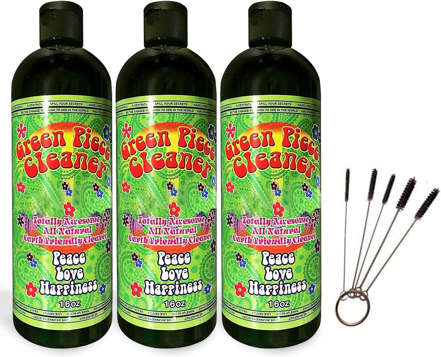 Green Piece® Glass Cleaner Kit - 3 Bottles (16 oz Each) & 5-Piece Mini Metal/Nylon Tube Cleaner Brush Set with Keychain Ring - Streak-Free Cleaning for Windows, Mirrors, Eyeglasses & Small Tubes