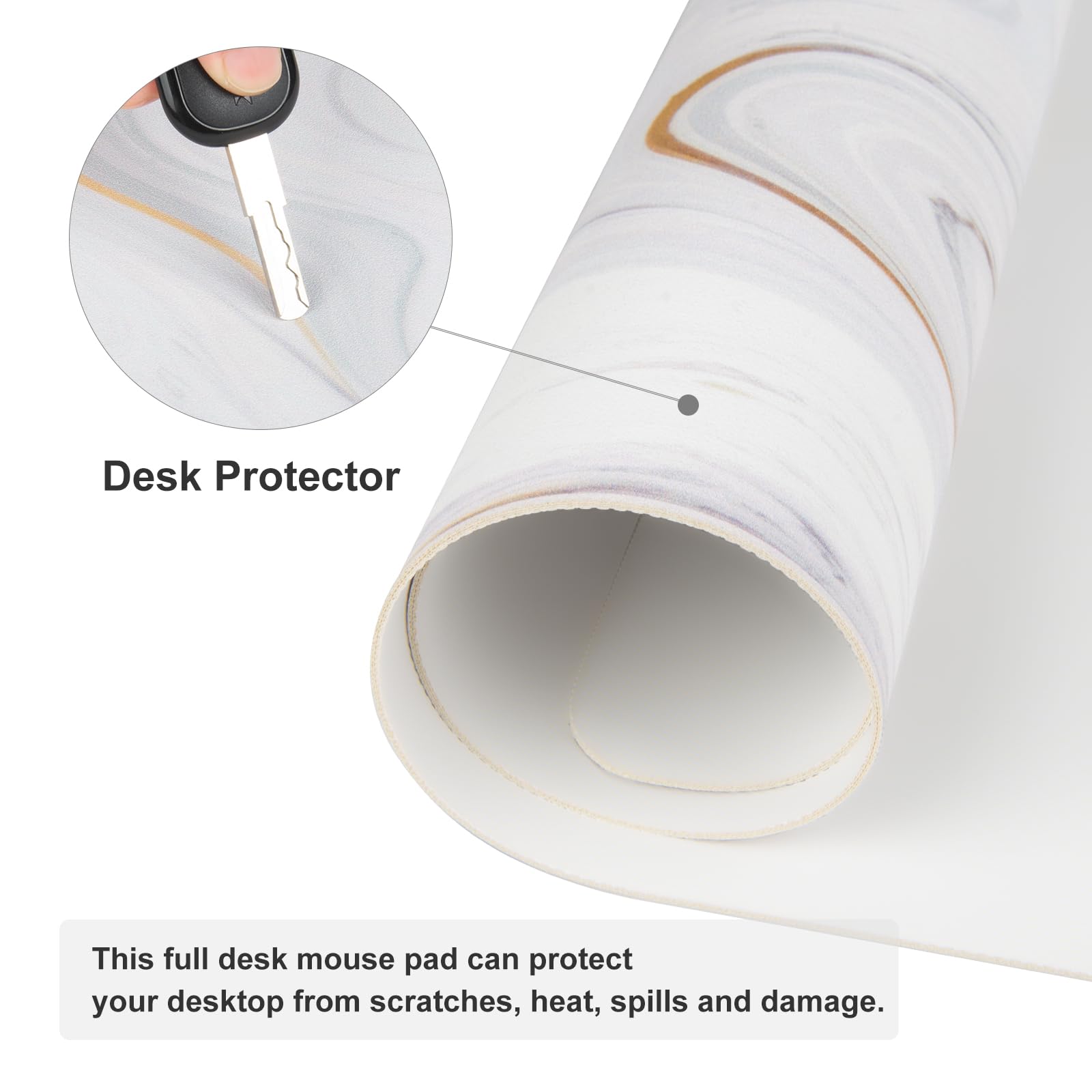 QIYI White Marble Mouse Pad - Large PU Leather Desk Mat with Gold Grey Stripes, Non-Slip Waterproof Keyboard & Gaming Mouse Pad (31.5