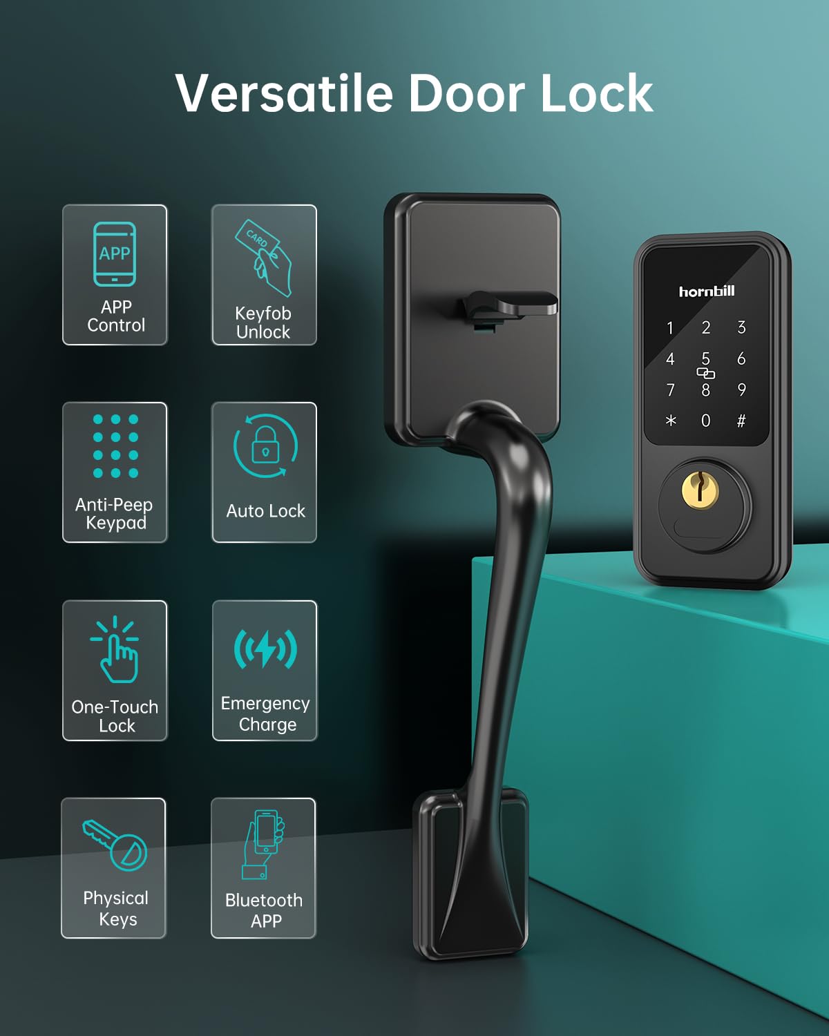 Hornbill Smart Keyless Entry Door Lock with Handle - Electronic Keypad Deadbolt, Bluetooth APP, Keyfob & Auto Lock - Matte Black - Alexa Compatible Front Door Handle Set for Home Security & Smart Home Automation
