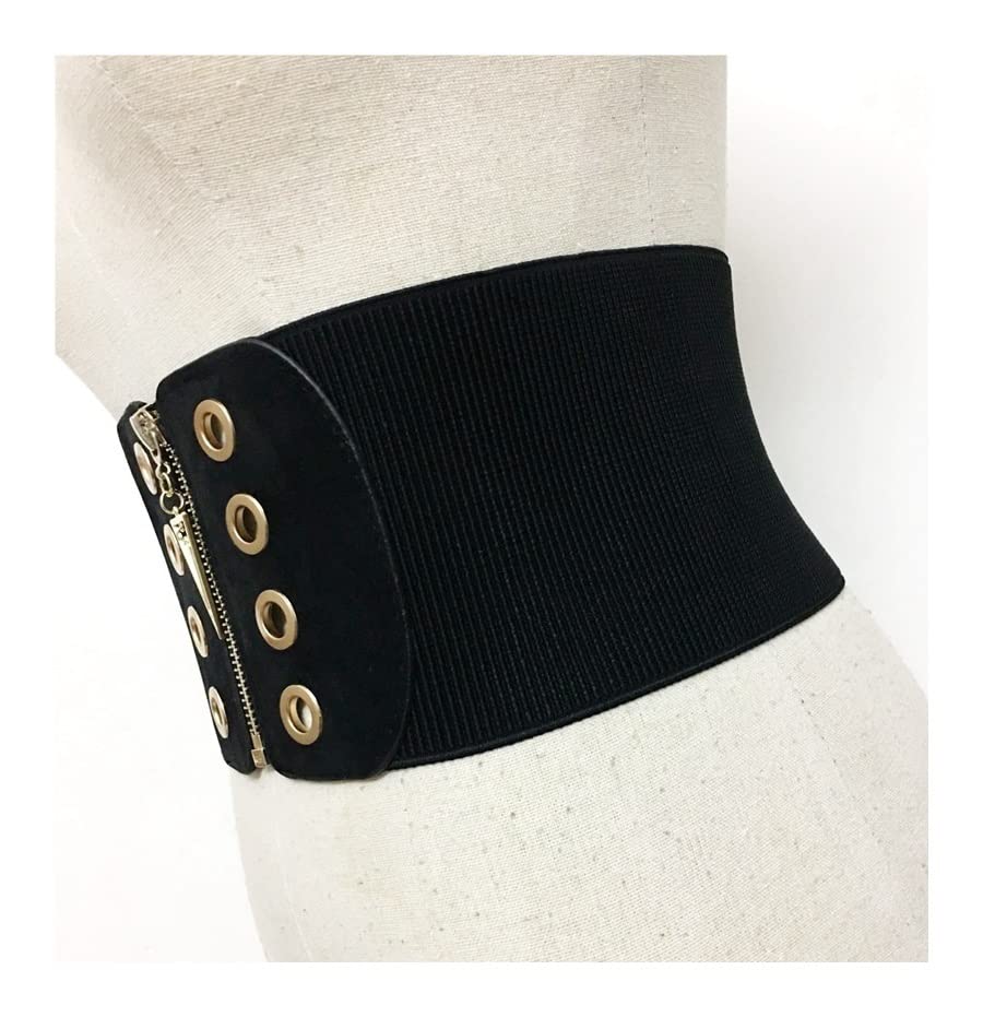 Women's Elastic Wide Belt with Zipper & Patchwork Design - High Waist Slimming Fashion Belt for Spring - Adjustable Cummerbund (Black, One Size) | Perfect for Dresses, Jeans & Office Wear