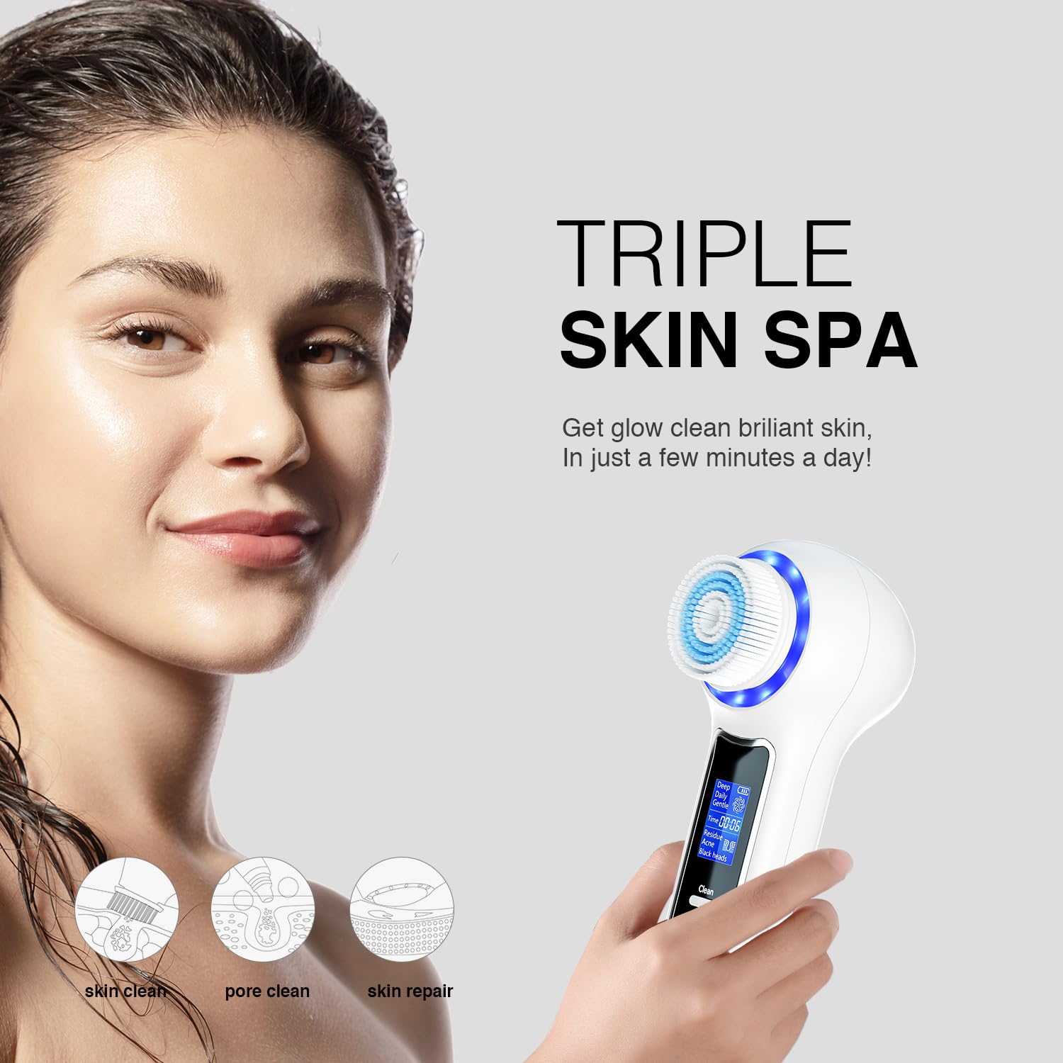 Rechargeable Facial Cleansing Brush with LCD Screen - 3-in-1 Blackhead Remover, Exfoliator & Massager | IPX7 Waterproof for Deep Pore Cleansing | Perfect for Daily Skincare, Spa Treatments & Travel