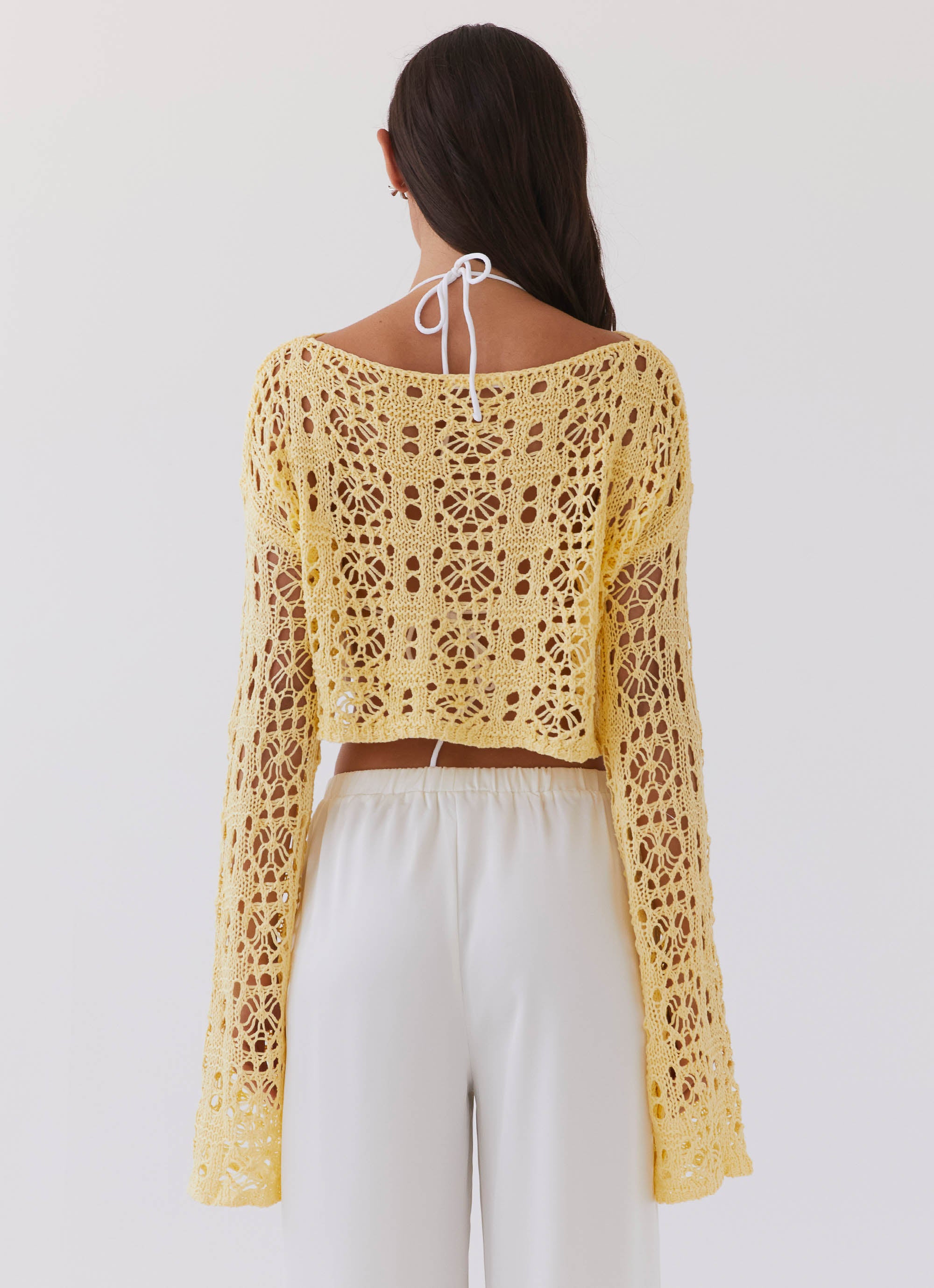 Free Mind Crochet Long Sleeve Top for Women - Marigold Yellow Boho Chic Blouse, Perfect for Casual Wear, Beach Cover Up & Festival Outfits