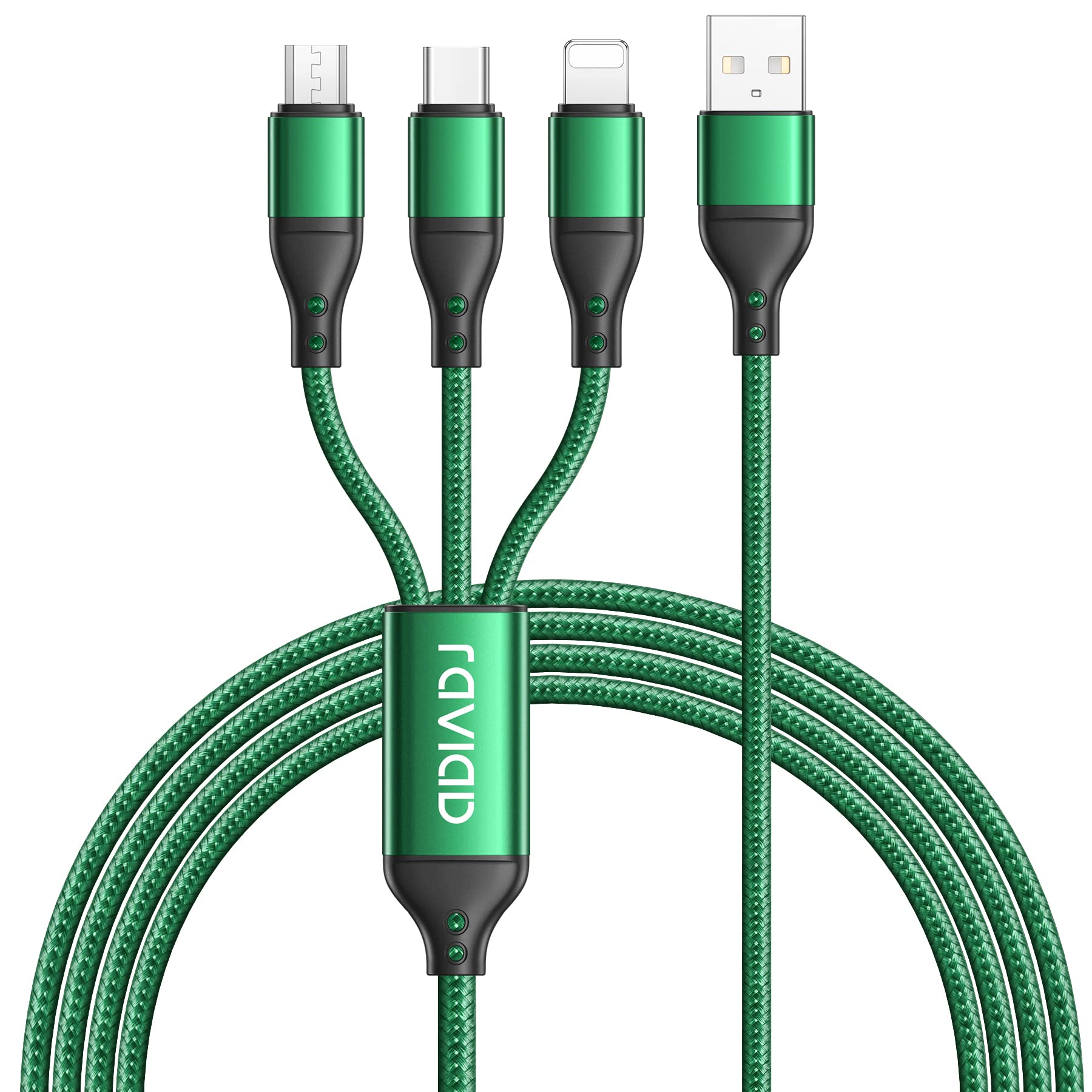RAVIAD 3-in-1 Charging Cable 1.2M Nylon Braided - USB C, Micro USB & Lightning Cable Compatible with iPhone, Samsung Galaxy, Huawei, Nokia, LG, Kindle - Perfect for Home, Office & Travel Charging