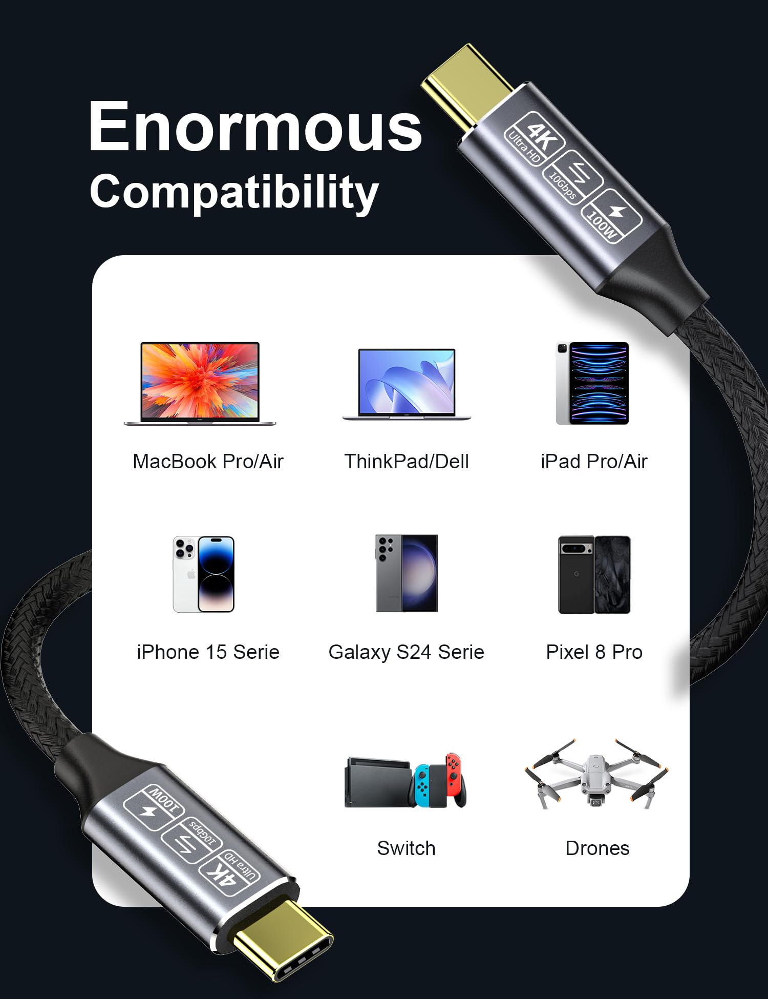 CAKOBLE USB-C to USB-C 3.1 Gen 2 Cable 10Gbps Fast Charging & Data Transfer, 100W PD 20V/5A 3.3ft USB Type C Cable with 4K Video Output - Compatible with Thunderbolt 3, MacBook Pro, iPad Pro, Galaxy S21 - Perfect for Fast Charging Laptops, Phones & 4K Video Streaming