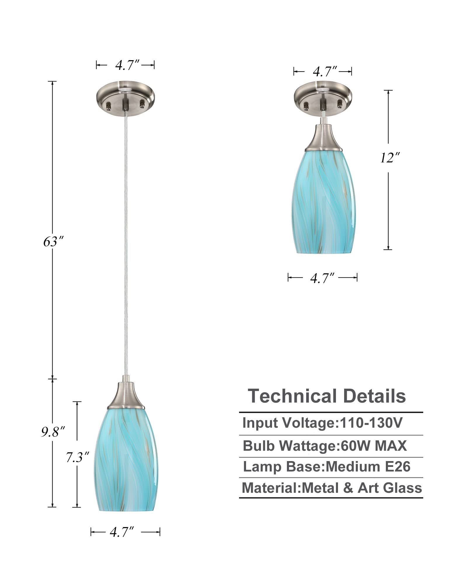 Handcrafted Mini Teal and Gold Art Glass Pendant Lights - 3 Pack Brushed Nickel Adjustable Cord Hanging Lamps for Kitchen Island, Coffee Bar & Dining Room - Elegant Ceiling Lighting for Modern Home Decor