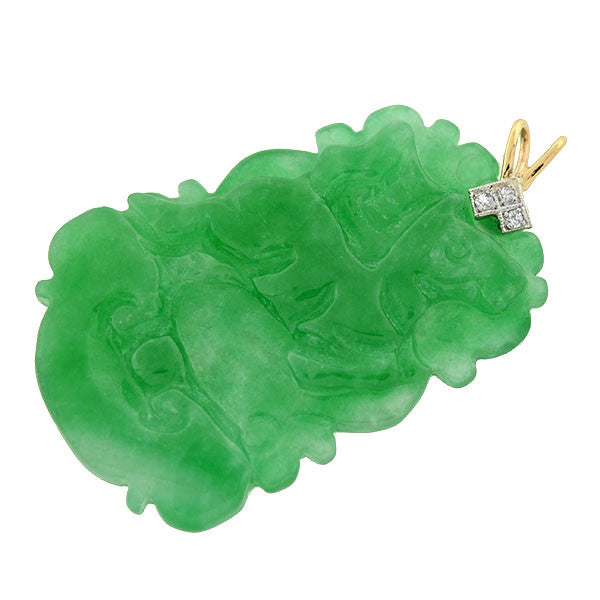 Exquisite Art Deco 14K Gold & Diamond Carved Jadeite Pendant Necklace - Vintage Jewelry for Women, Perfect for Weddings, Parties & Special Occasions