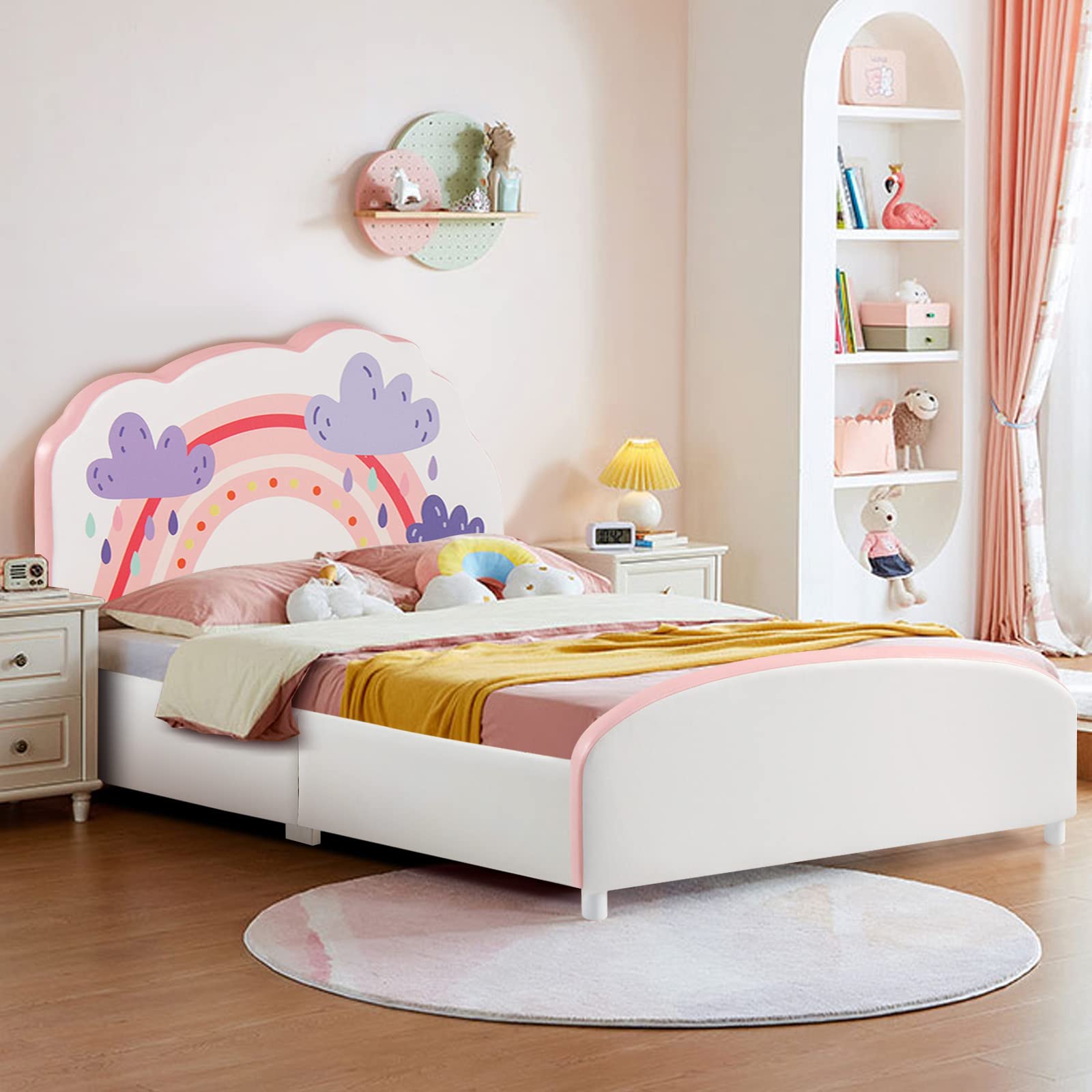Costzon Twin Bed Frame for Kids - Wood Upholstered Platform Bed with Slat Support, Padded Headboard & Footboard - No Box Spring Needed - Easy Assembly - Fits Standard Twin Mattress (Cloud) - Perfect for Kids' Bedrooms, Guest Rooms & Small Spaces