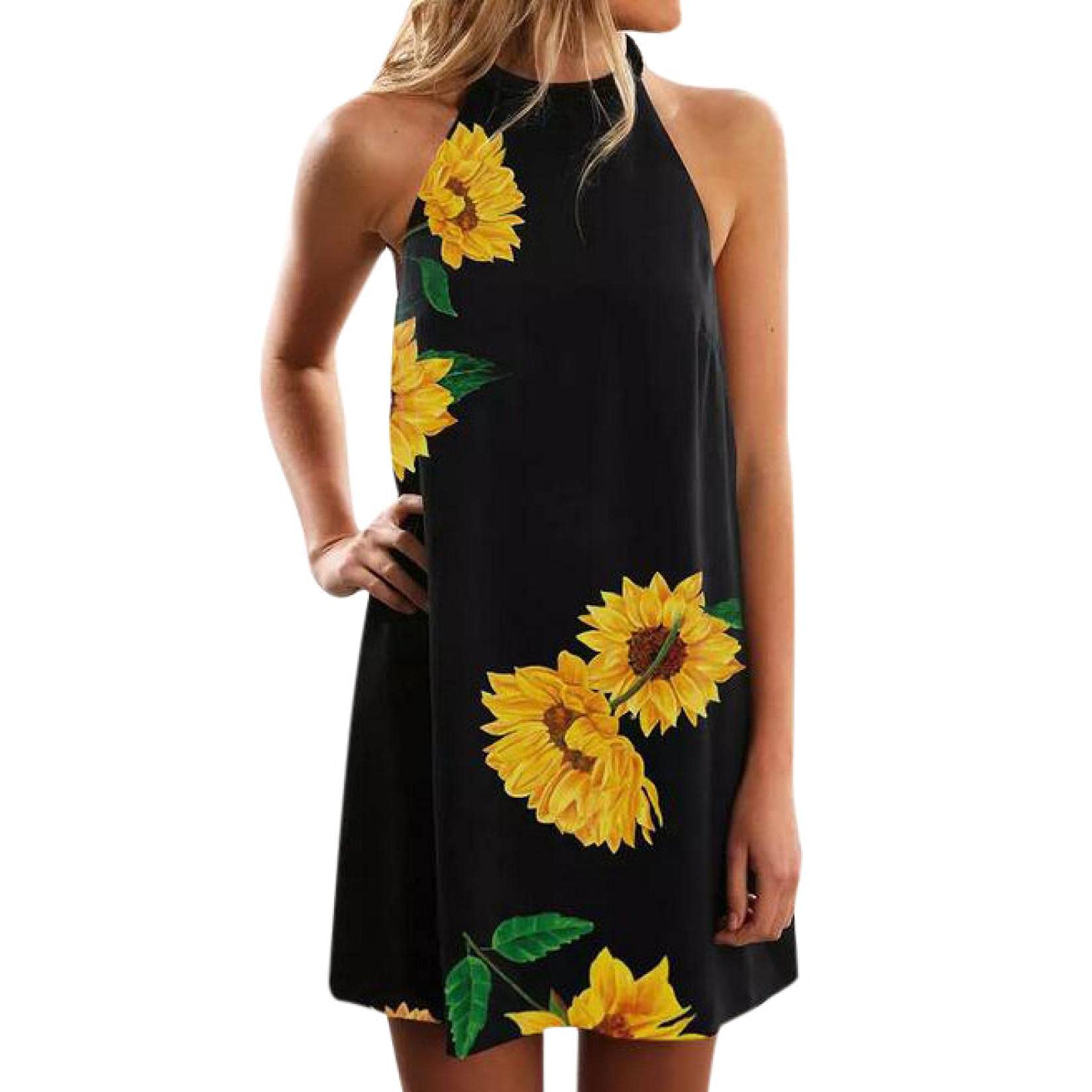 Women's Vintage Floral Print Sleeveless Mini Shift Dress - Casual Summer Halter Tank Dress for Beach, Vacation & Outdoor Parties | Lightweight Breathable Fabric for Hot Weather