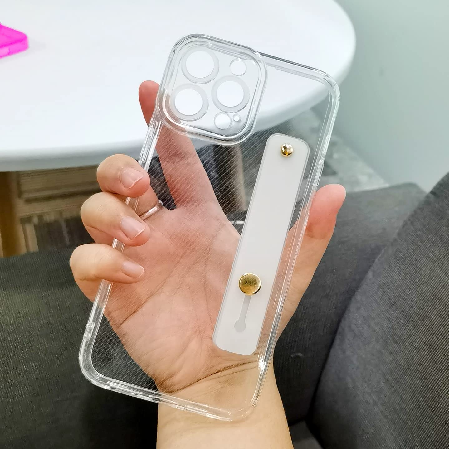 Omio Clear Fluorescent Neon TPU Silicone Shockproof Case for iPhone 12 Pro Max - Slim Soft Protective Cover with Wristband Grip & Stand (Compatible with iPhone 12 Pro Max) - Perfect for Women, Girls, and Everyday Use at Work, School, or Travel