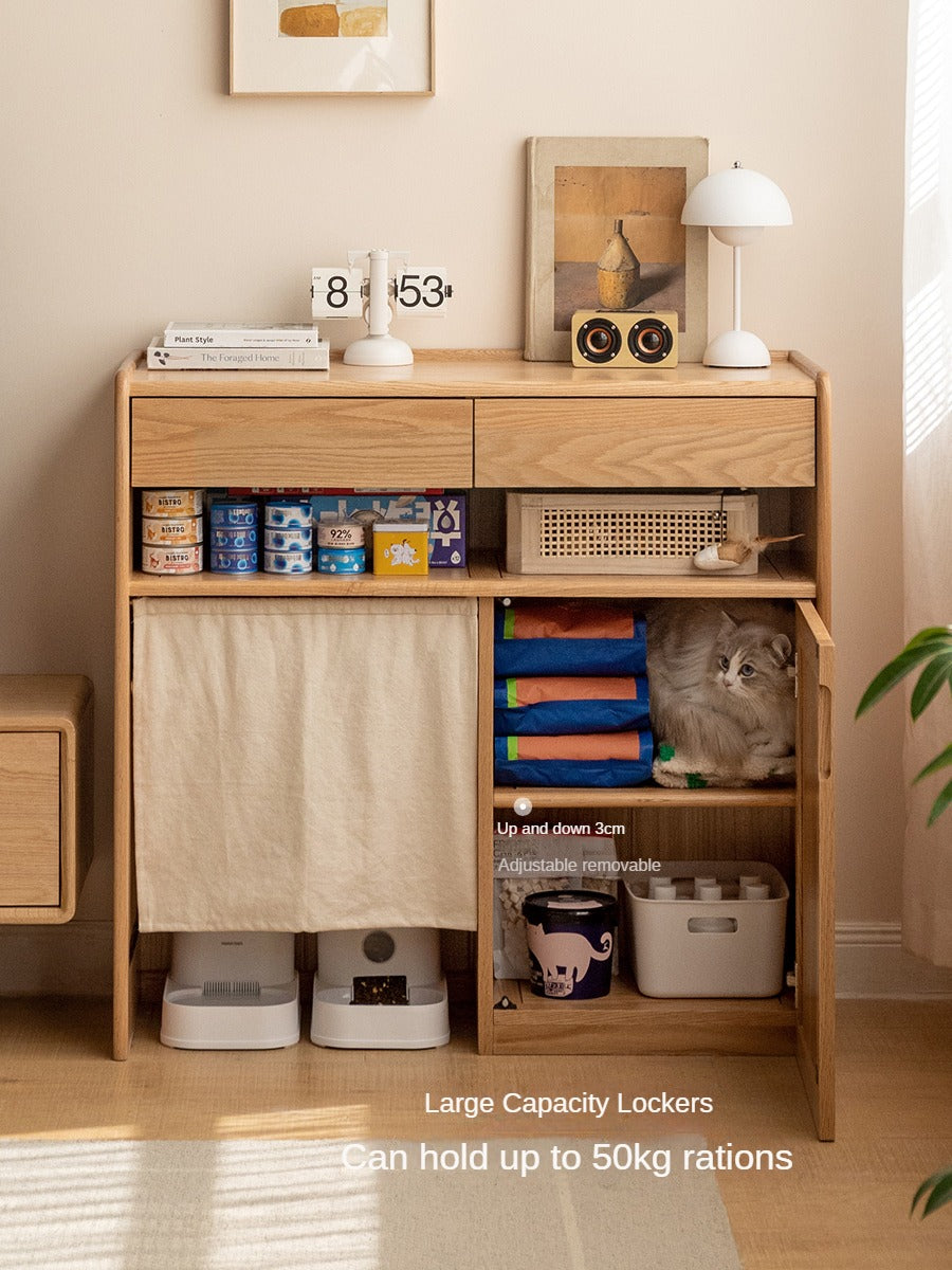 Solid Oak Wood Side Cabinet with Cat Pet Supplies Storage - Perfect for Living Room, Bedroom, or Entryway Organization - Compatible with Robot Vacuum Cleaners