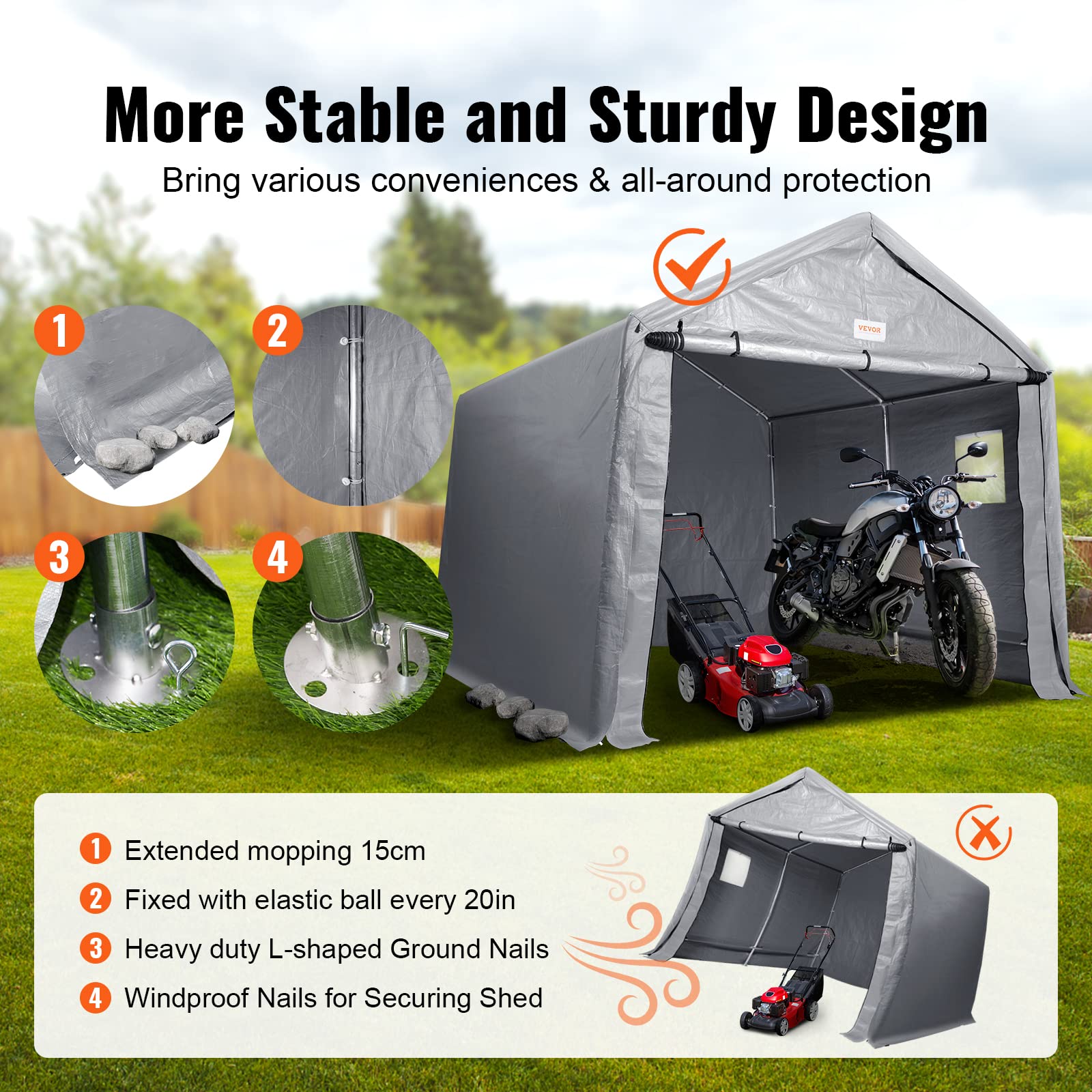 VEVOR 6x8x7 ft Heavy Duty Waterproof Portable Storage Shed Tent with Roll-up Zipper Door & Ventilated Windows - Outdoor Shelter for Motorcycle, Bike, Garden Tools, Lawn Equipment - Perfect for Backyard, Garage & Seasonal Storage