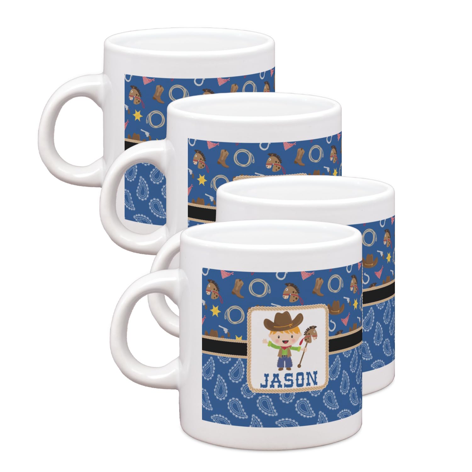 Personalized Blue Western Single Shot Espresso Cups - Set of 4 Handcrafted Ceramic Coffee Mugs for Home, Cafe & Gifts | Perfect for Espresso, Cappuccino & Latte Lovers