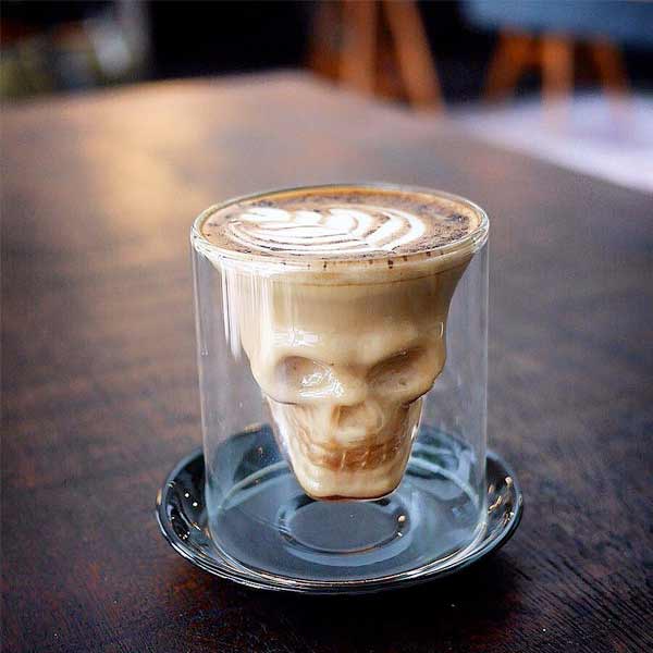 Skull Double Wall Insulated Glass Cup - Hot & Cold Drink Tumbler for Coffee, Tea, Beer - Halloween Party, Gothic Home Decor, Unique Gift Idea