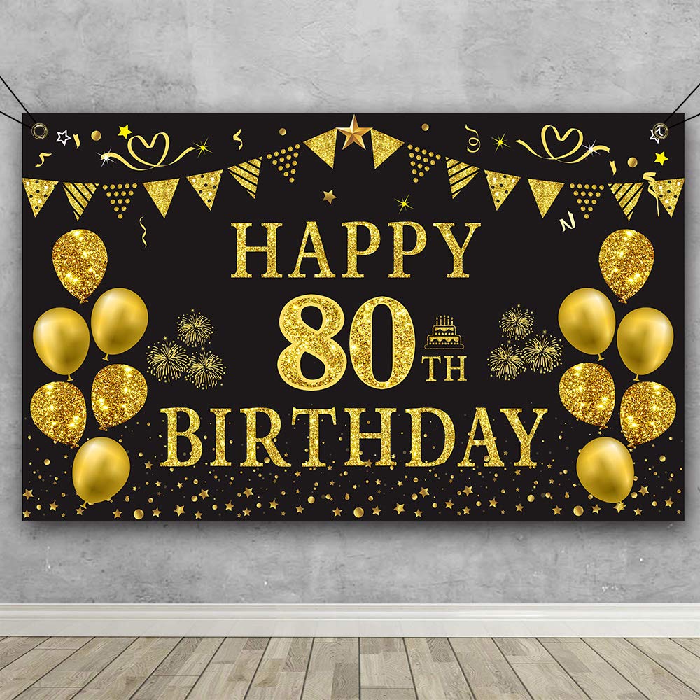 Trgowaul 80th Birthday Backdrop - Gold & Black 5.9x3.6ft Photography Background for Women & Men - Perfect for Birthday Party Decorations, Photo Shoots & Milestone Celebrations