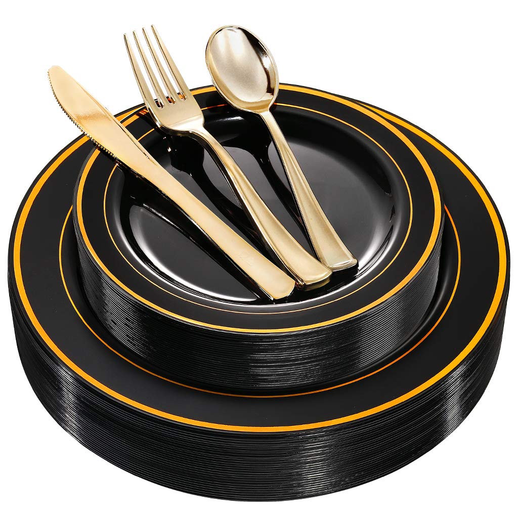 125-Piece Elegant Black Plastic Dinnerware Set with Gold Trim - Includes 25 Dinner Plates, 25 Dessert Plates, 25 Forks, 25 Knives & 25 Spoons - Disposable Gold Silverware for Parties, Weddings, New Year Celebrations & Special Events