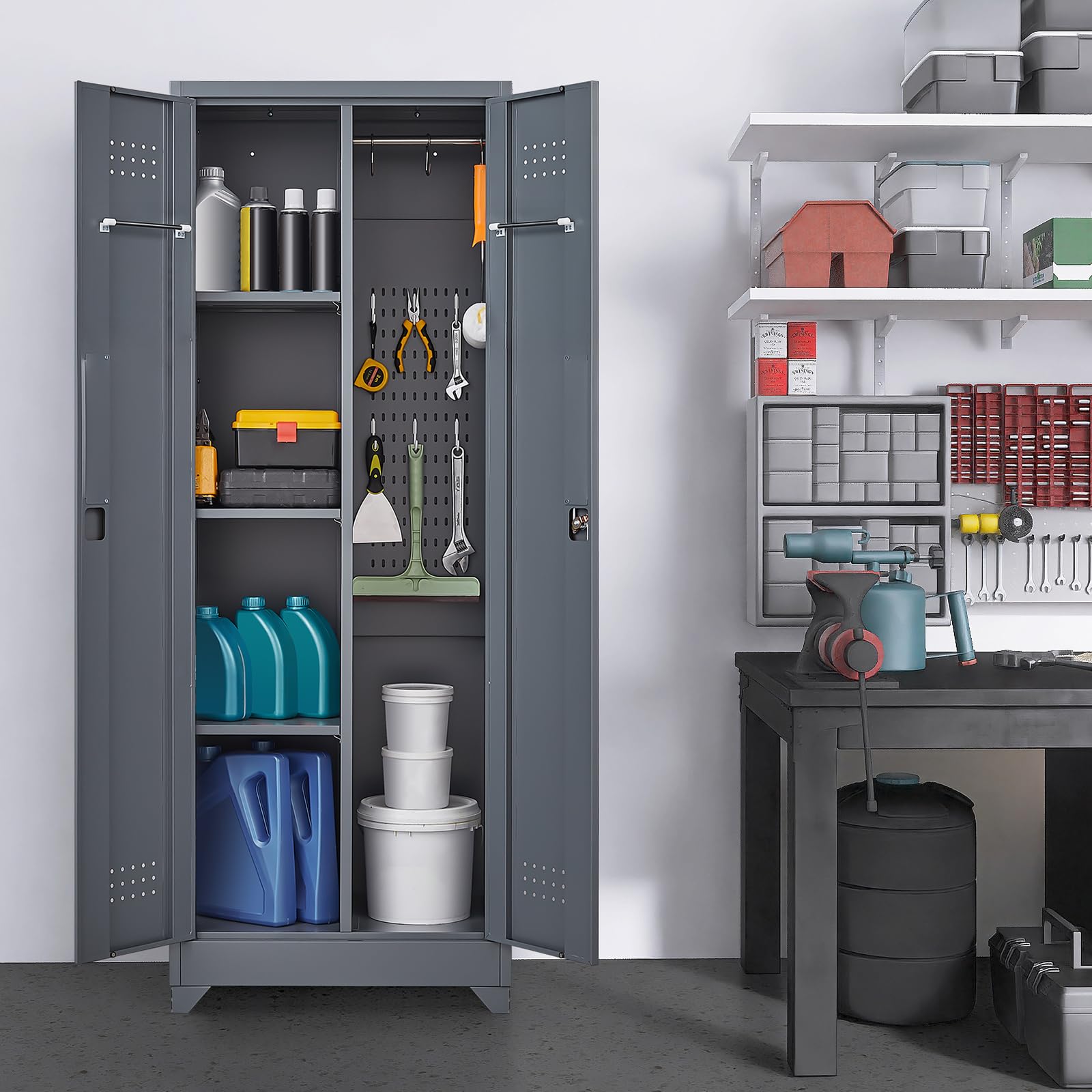 GREATMEET 65 Inch Broom Storage Cabinet with Hanging Rod - Metal Cleaning Supply Organizer for Garage, Utility Room & Laundry - Space Saving Grey Mop Holder for Brooms, Dustpans & Cleaning Tools